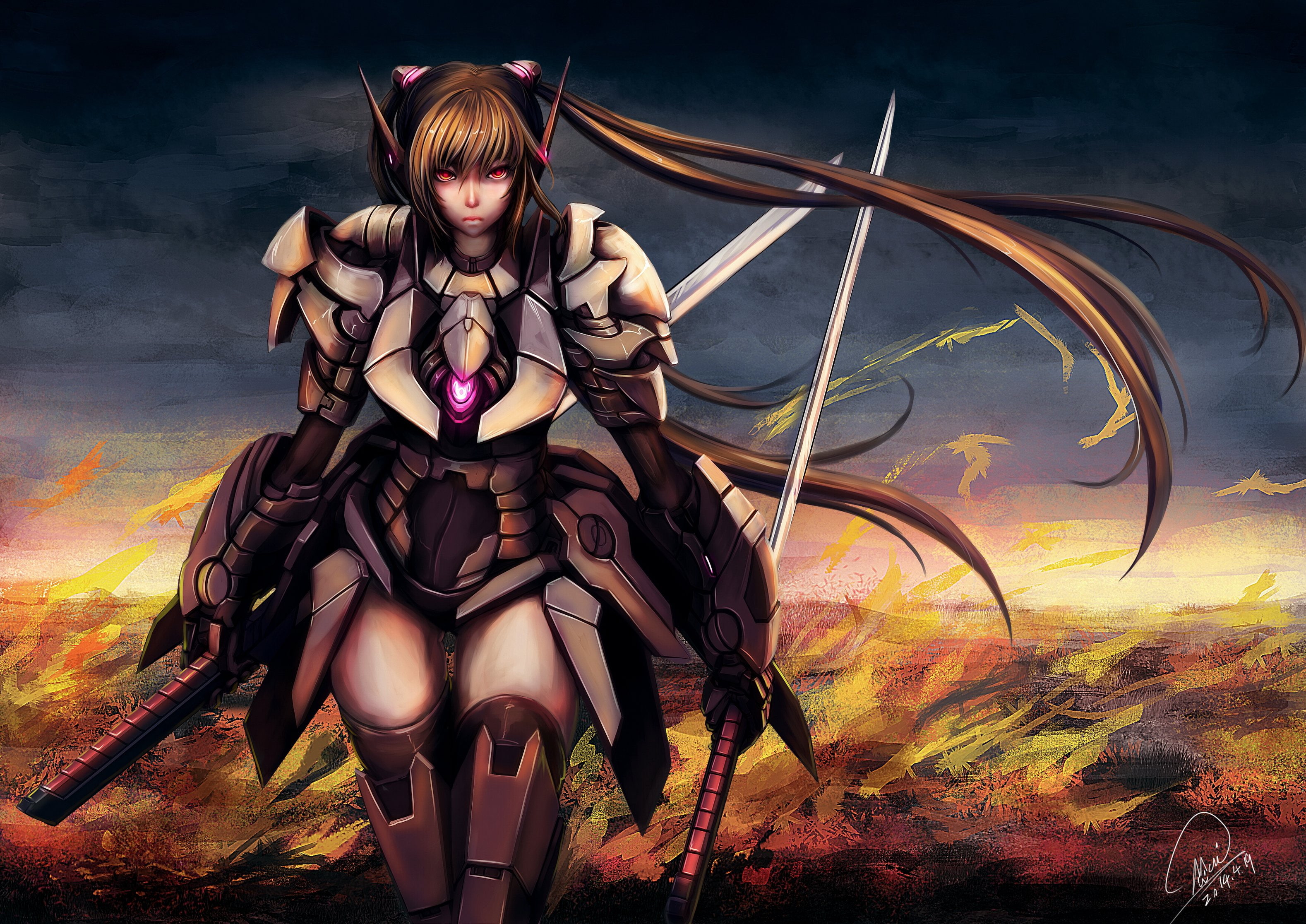 twintails, red, 2K, eyes, original, brown, weapon, shou, mechagirl, hair, sword, mai, katana, HD Wallpaper