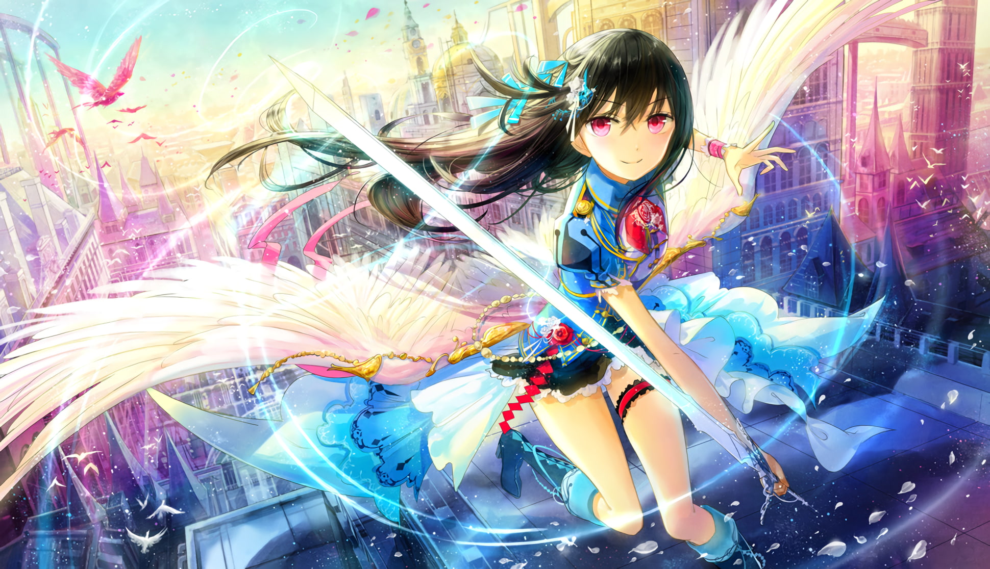 wings, pink eyes, 1080P, black hair, weapon, sword, anime, anime girls, HD Wallpaper