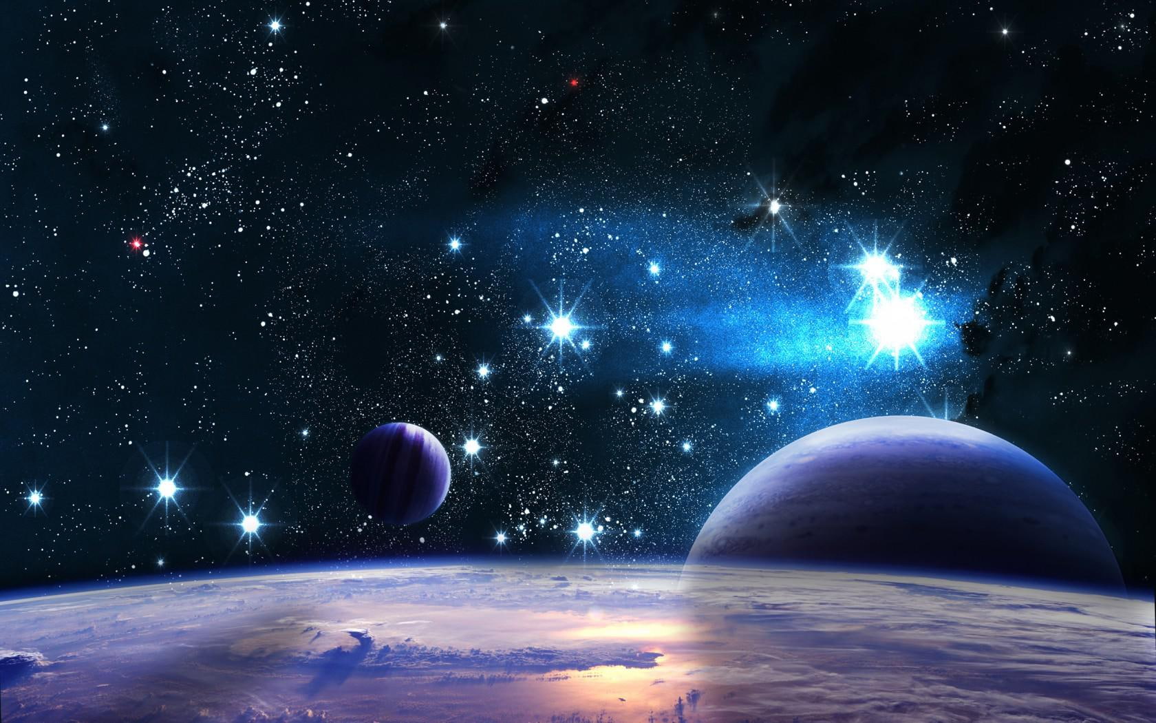 satellite, stars, planet, light, universe, sky, 720P, orbit, HD Wallpaper