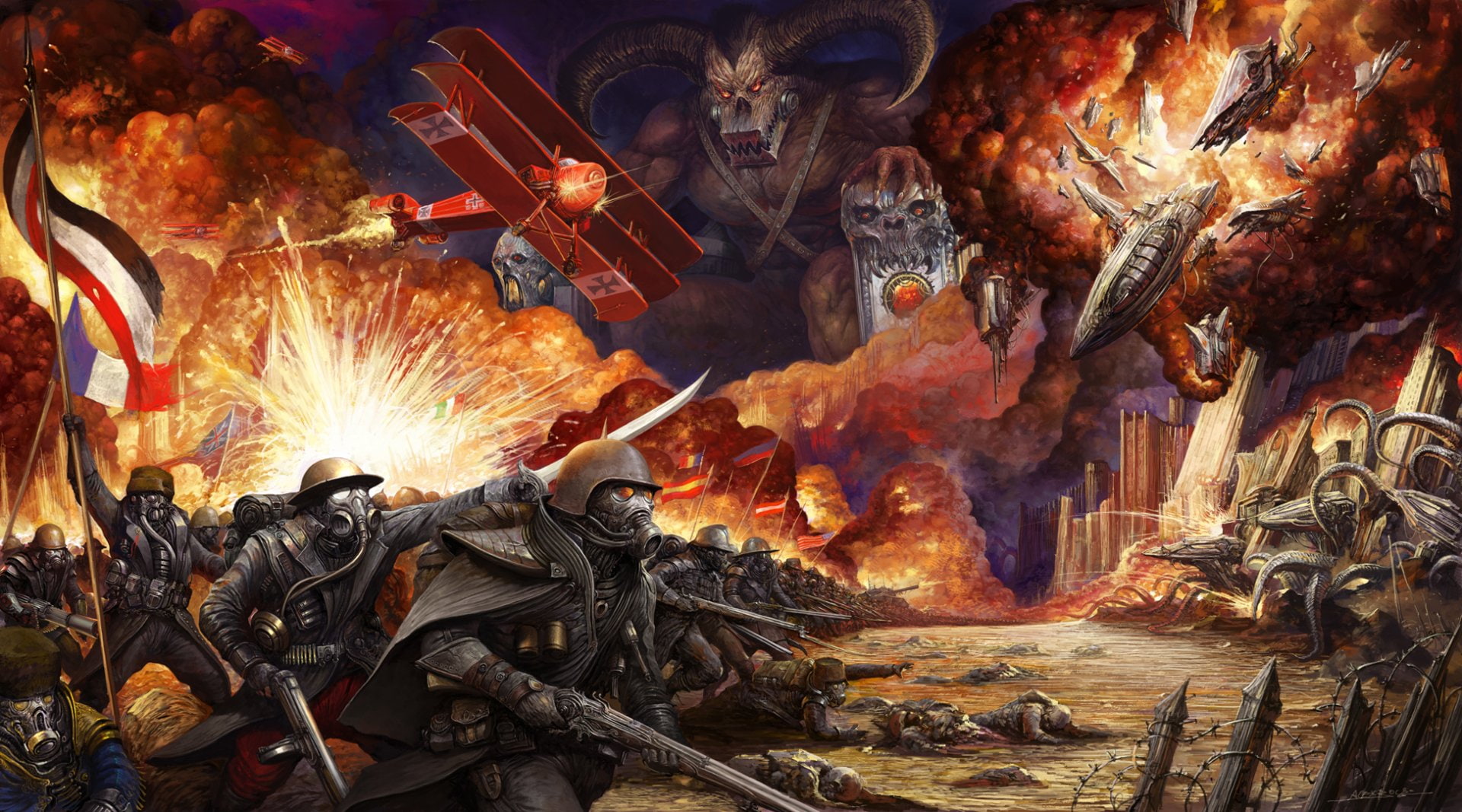 Battle, Airplane, Alien, Invasion, Soldier, Gas Mask, 1080P, Sci Fi, Steampunk, Weapon, Explosion, HD Wallpaper