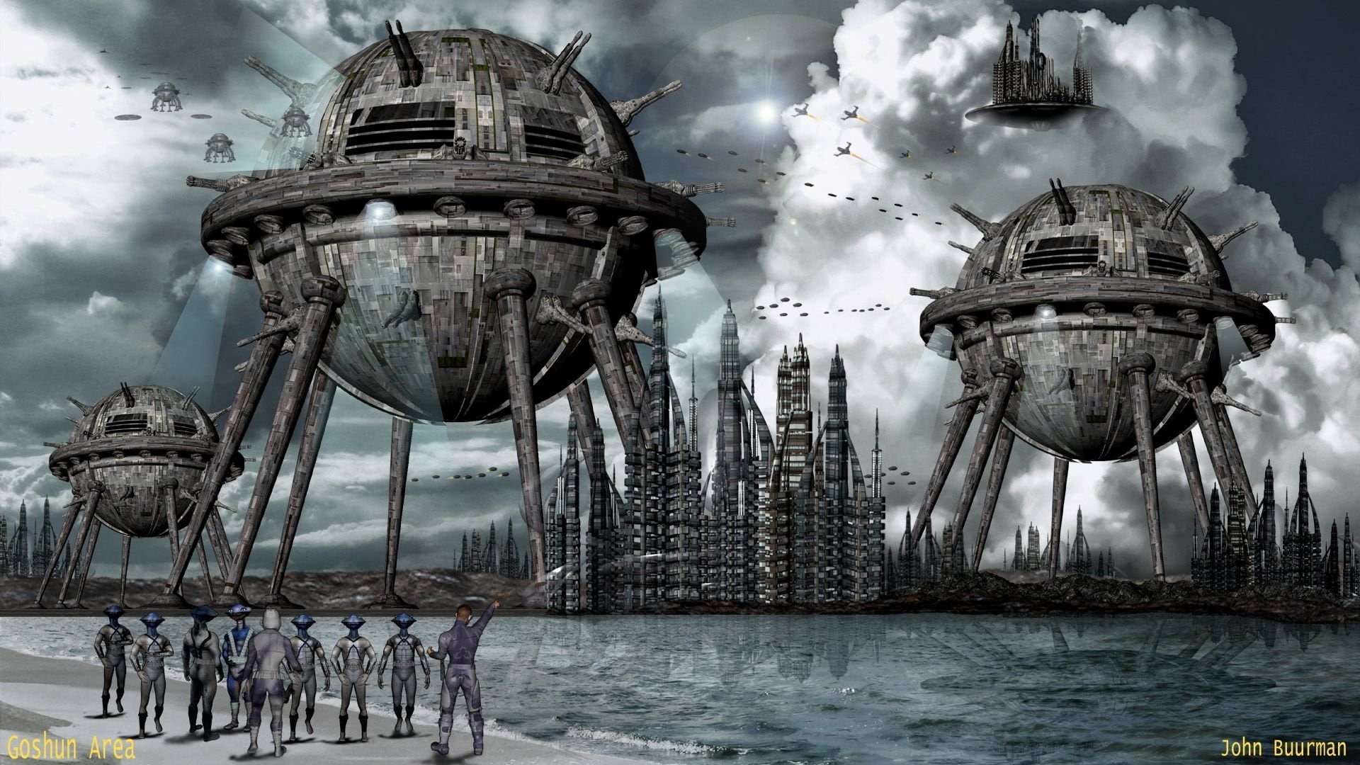 Alien, sky, day, nautical vessel, factory, building, building exterior, government, city, built structure, outdoors, group of people, smoke - physical structure, HD Wallpaper