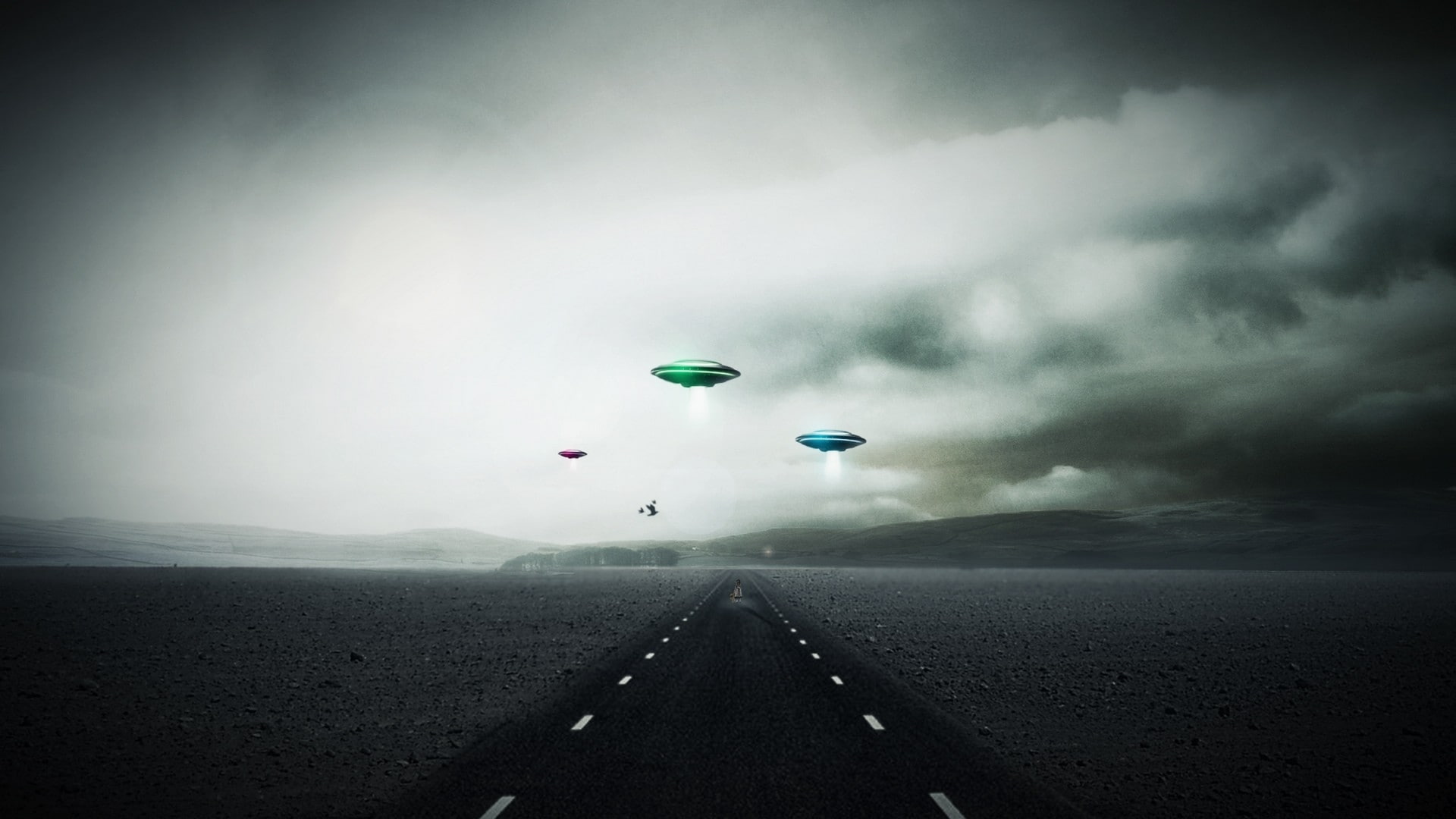 alien, 1080P, sci, landscapes, roads, clouds, spacecraft, invasion, ufo, sky, spaceship, HD Wallpaper