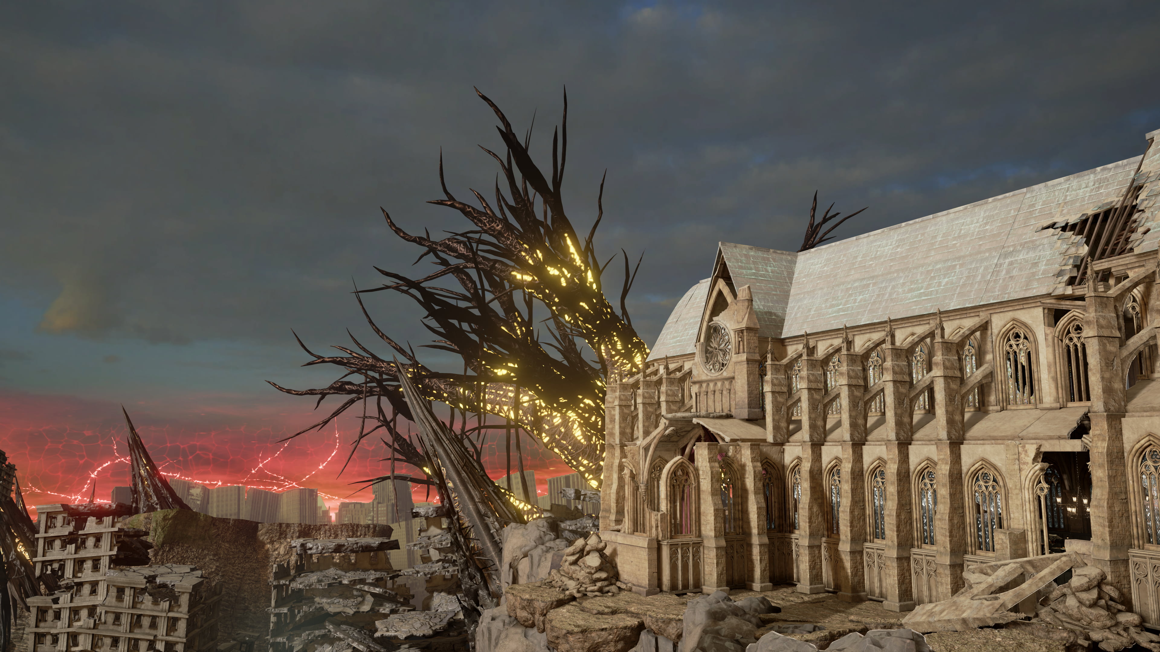Code Vein, castle, vampire (anime), architecture, rocks, photography, sky, 4K, custom, yellow, ruins, Gothic, tree stump, HD Wallpaper