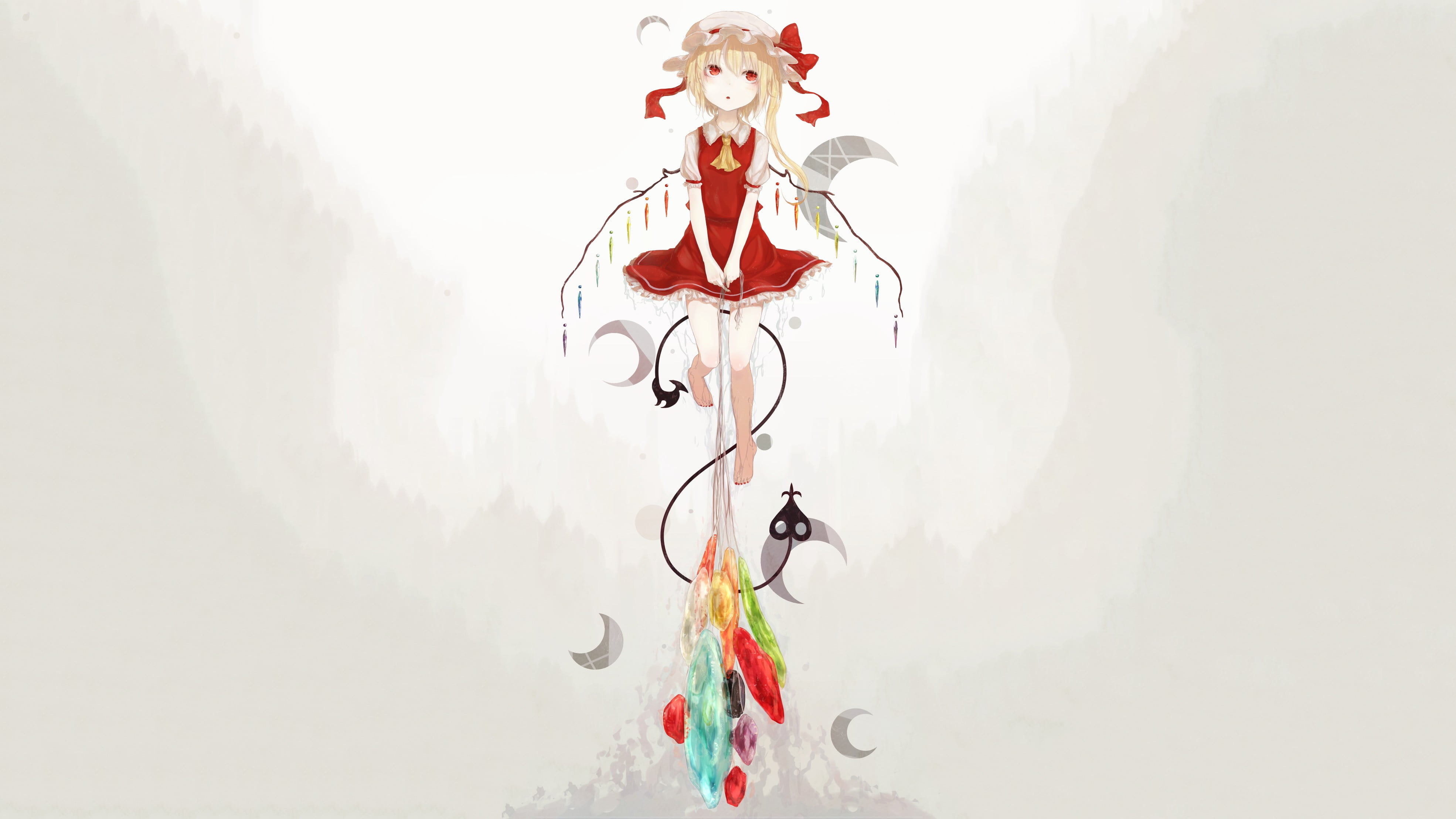 anime girls, Touhou, video games, simple background, vampires, 4K, Flandre Scarlet, dress, balloon, HD Wallpaper