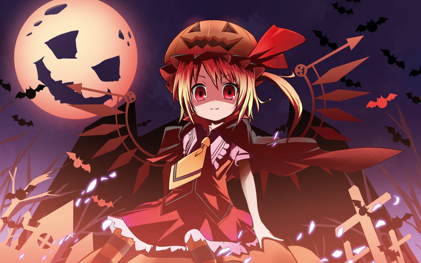 wings, halloween, short, 720P, blondes, hair, video, girls, touhou, pumpkins, games, moon, anime, vampires, red, flandre, scarlet, eyes, HD Wallpaper