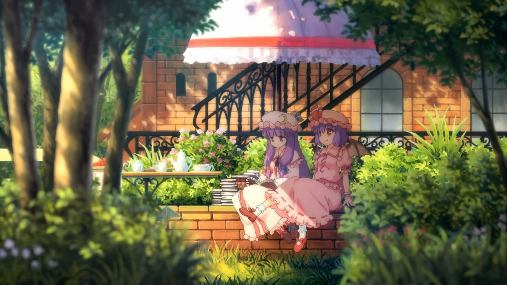 cups, video, vampires, garden, hd, grass, Video Games, hair, trees, games, wings, purpl, dress, art, reading, 1080P, long, socks, Touhou, tables, HD Wallpaper