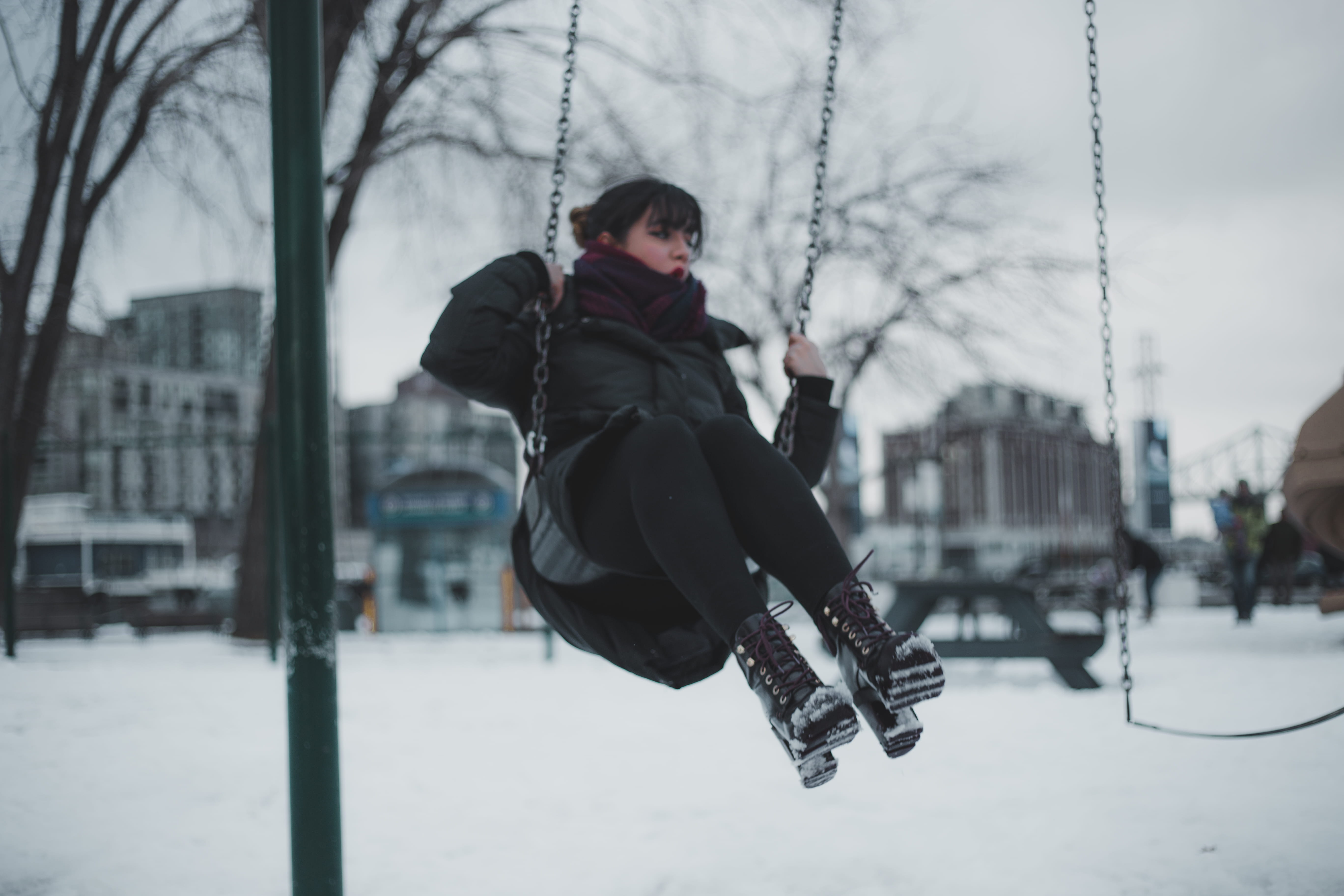 amusement park, outdoors, gril, kids playground, park, scarf, dark, women, day, focus on foreground, leather, one person, leisure activity, timberland, HD Wallpaper