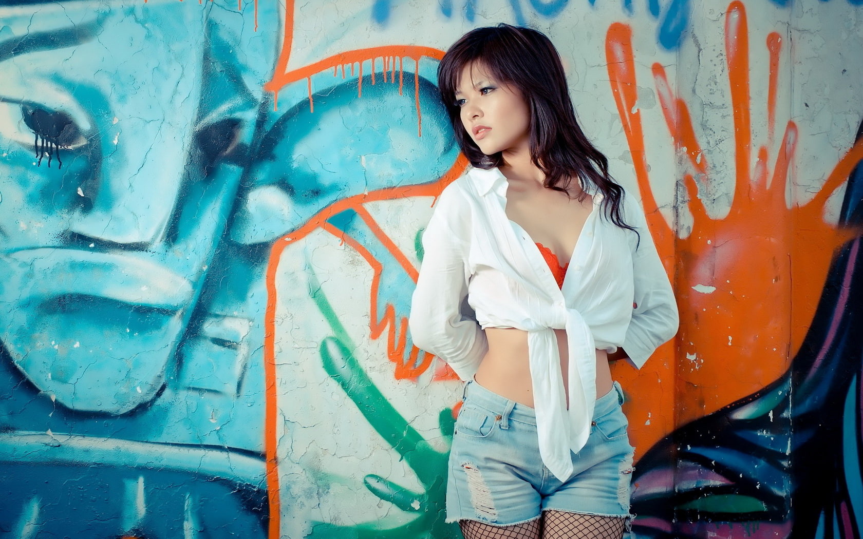 denim, woman, gril, asian, beauty, wall, 720P, painted, HD Wallpaper