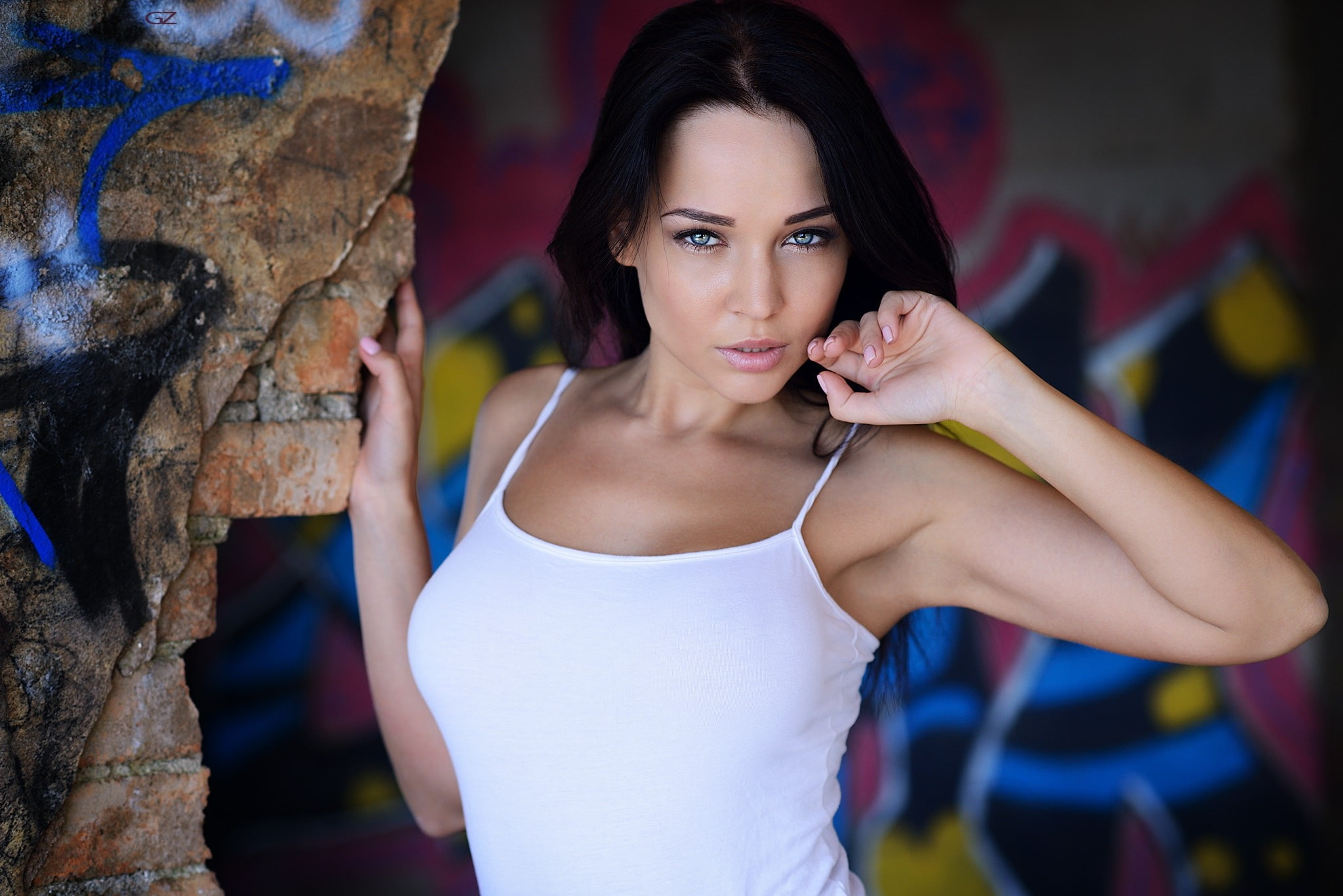 white tops, Angelina Petrova, Giovanni Zacche, portrait, model, tank top, black hair, wall, graffiti, women, 1080P, arms, HD Wallpaper