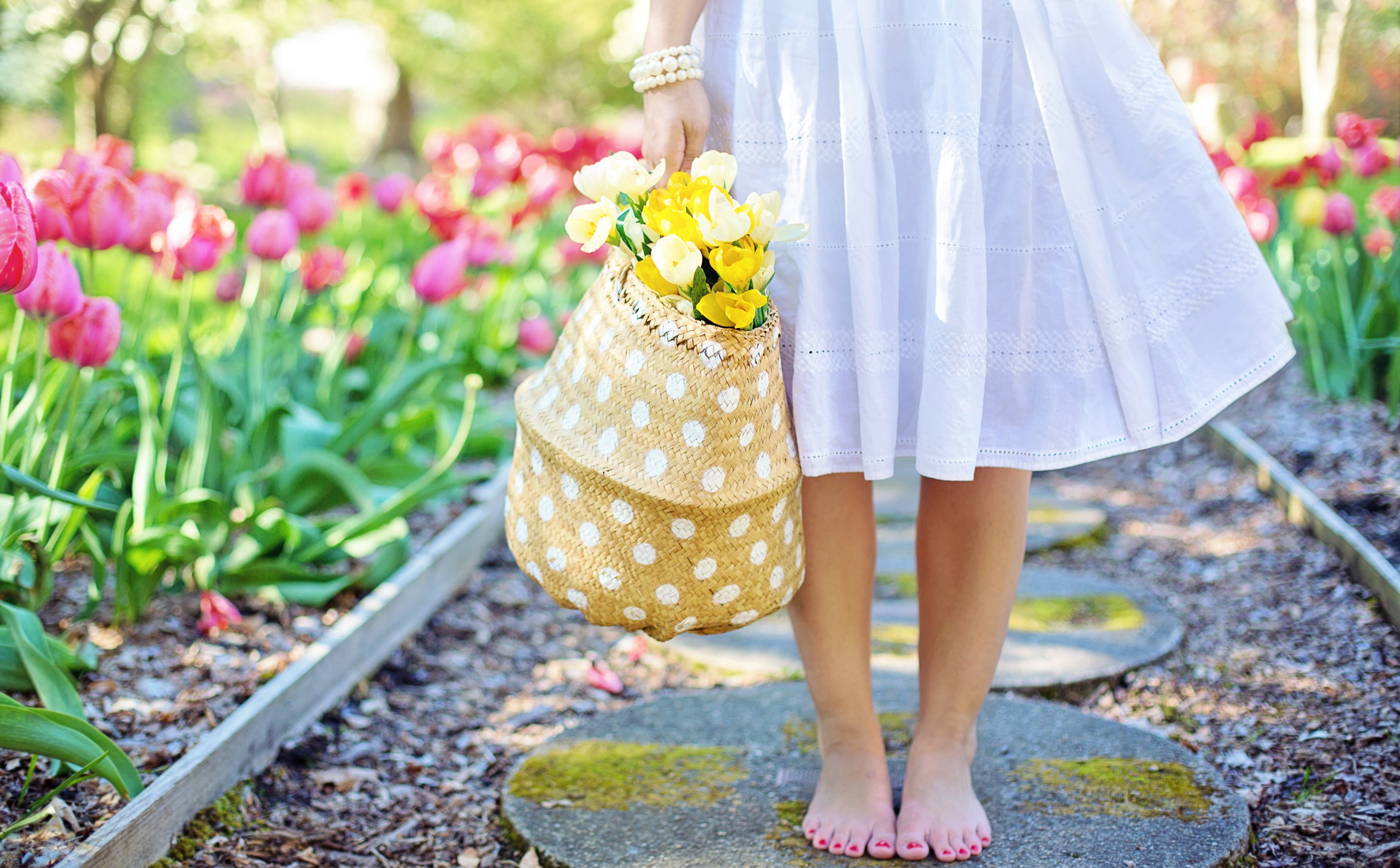 Happy, harmony, Tulips, Seasons, Mood, nature, Dress, lifestyles, happiness, outdoors, Springtime, flower, Girl, Woman, Outdoor, females, 5K, one person, HD Wallpaper