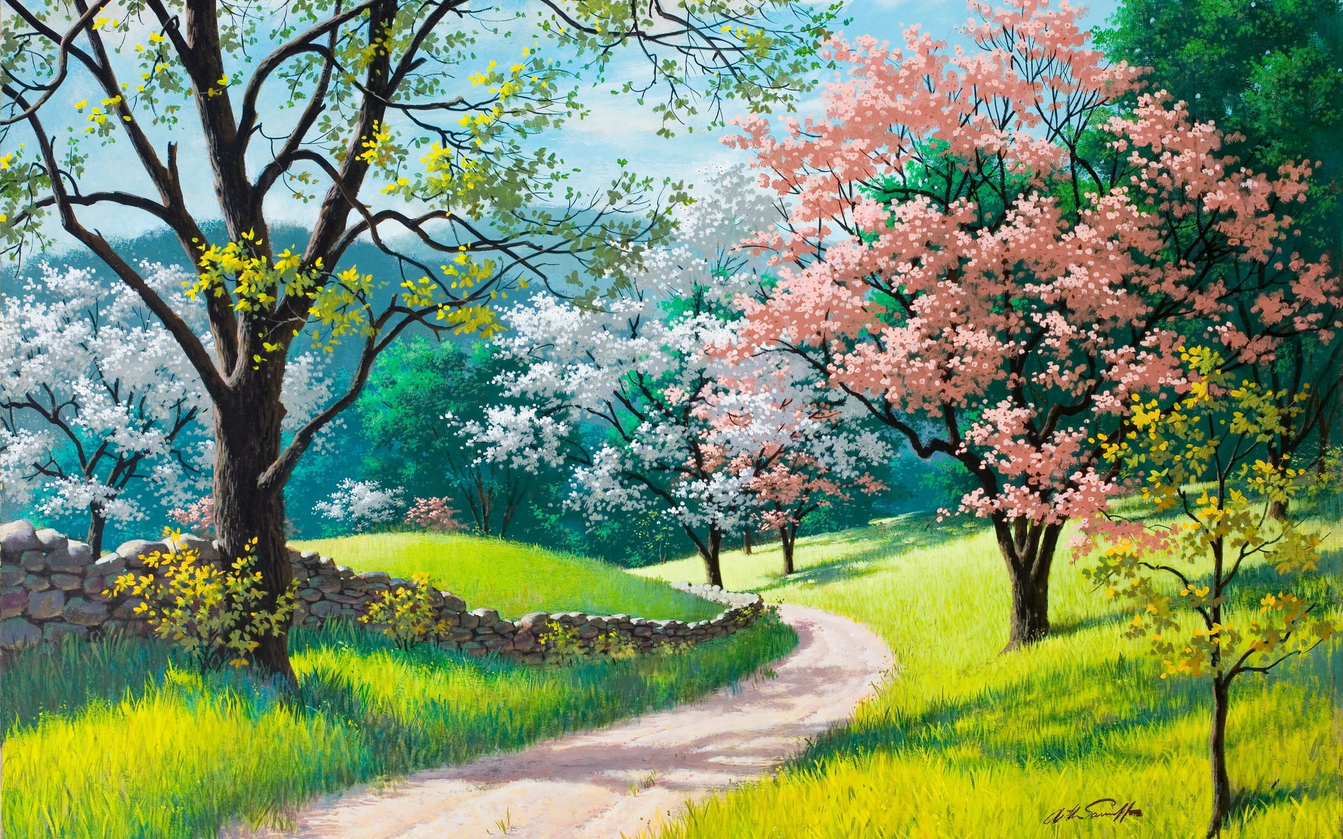 painting, hd, grass, Trail, px, Saron, x, fence, spring, Trees, arthur, dress, blossoms, path, art, 1920x1200 px, Sarnoff, 1080P, HD Wallpaper