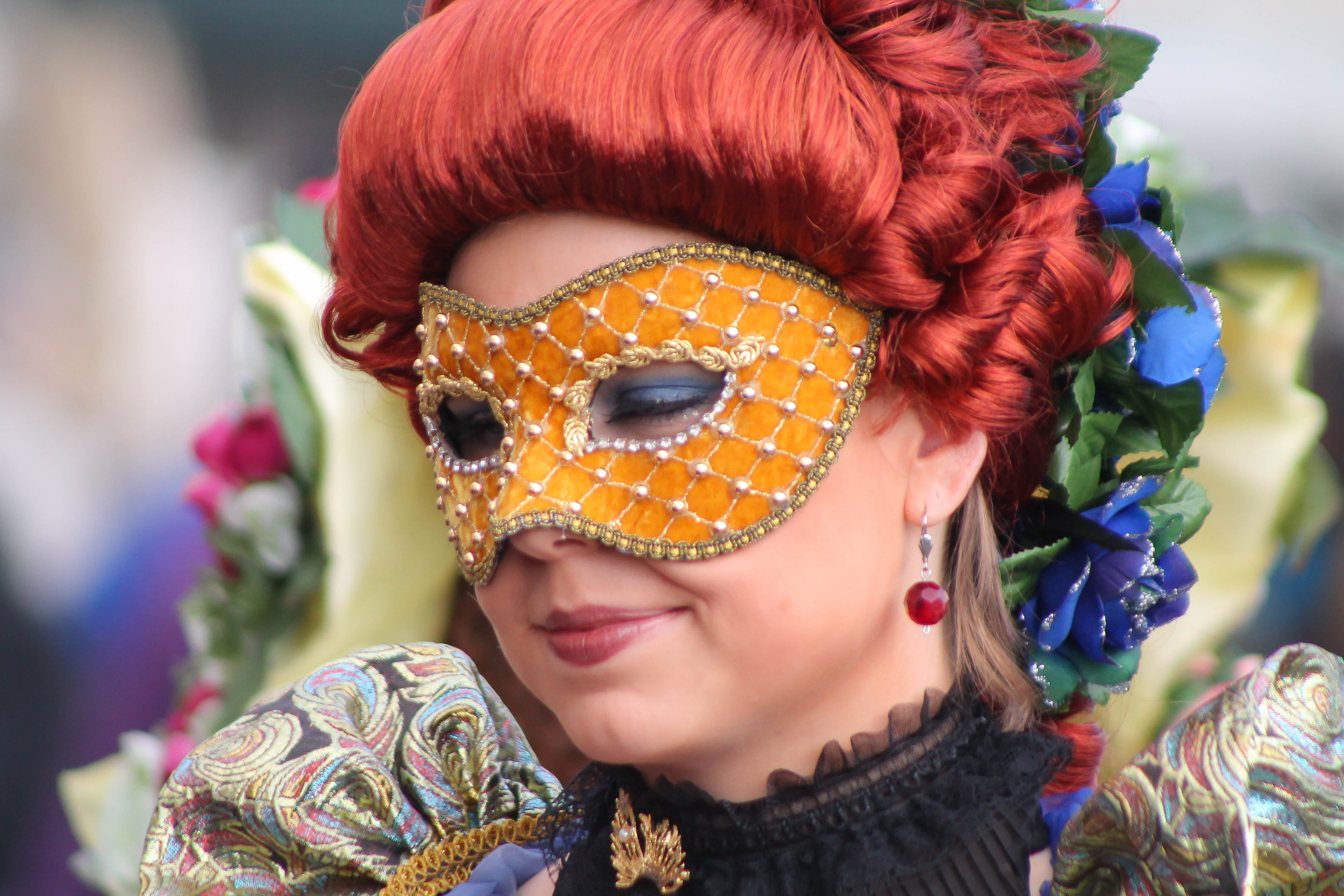 portrait, childhood, flowers, innocence, beautiful woman, venice, masquerade, day, italy, adult, dyed red hair, one person, lady, carnival - celebration event, HD Wallpaper