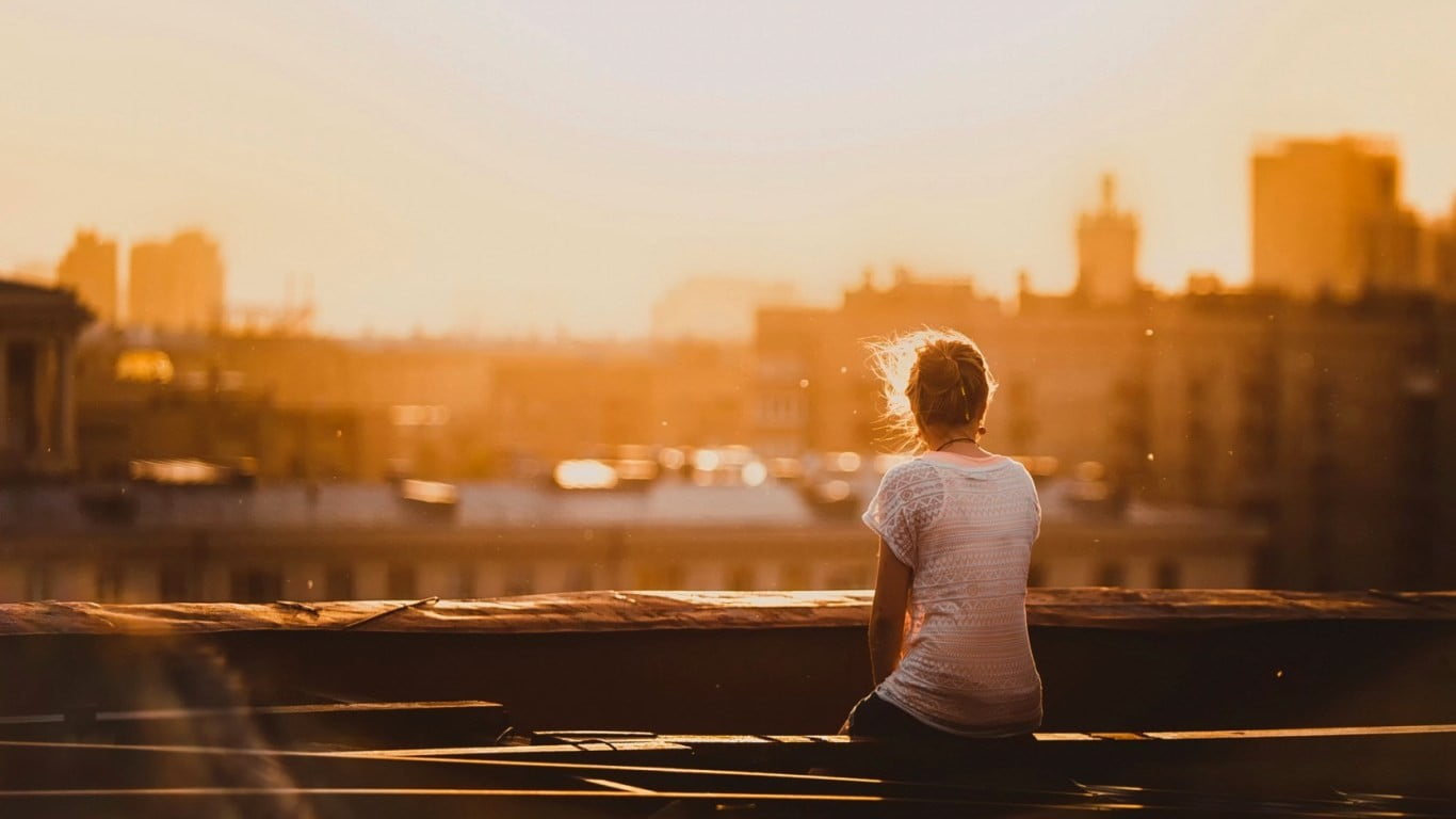 rear view, building, city, sunset, lens flare, women, relaxation, nature, sky, building exterior, leisure activity, lifestyles, cityscape, rooftops, water, HD Wallpaper