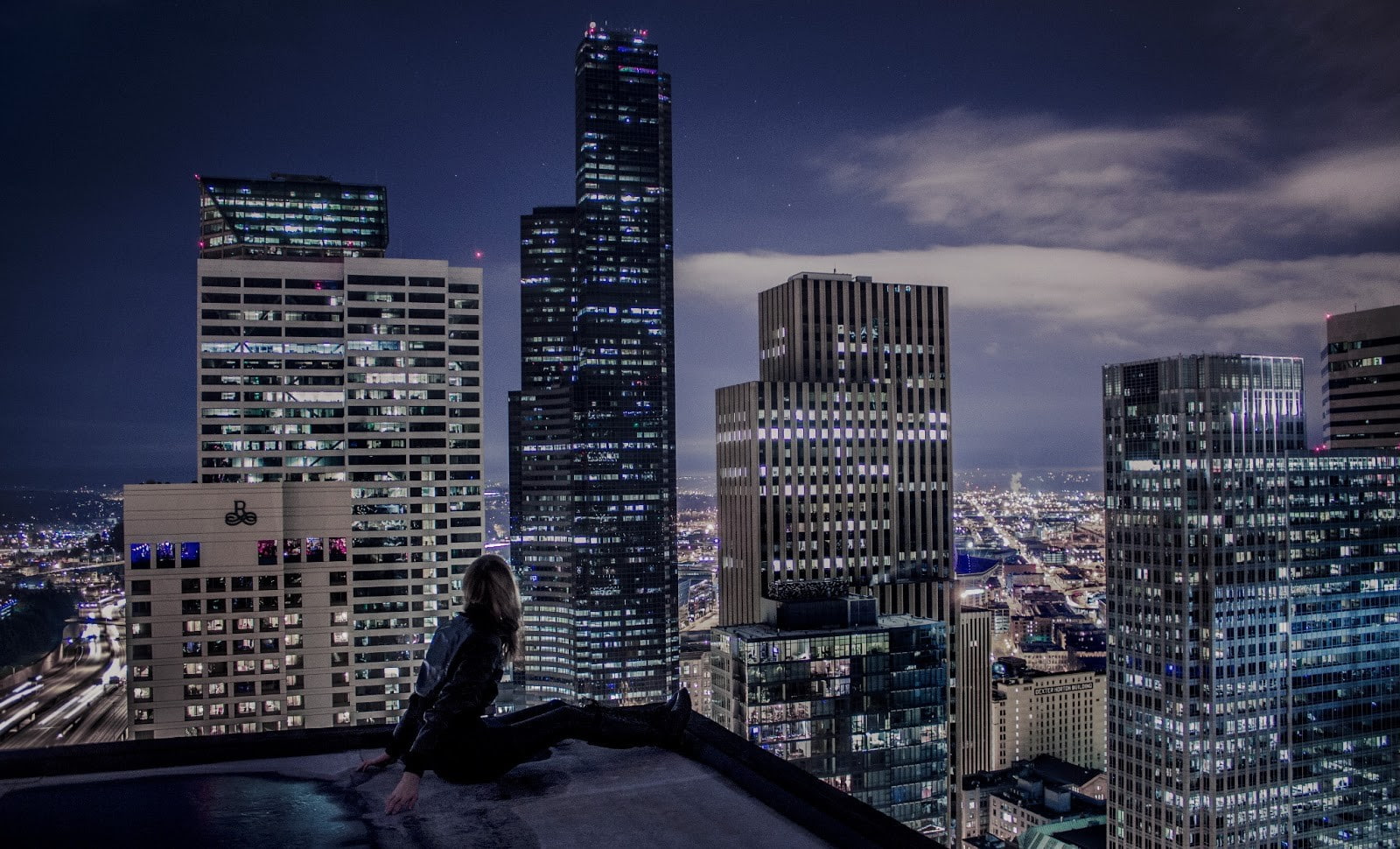 women, city, sky, travel destinations, modern, city life, night, building, looking at view, contemplation, tall - high, building exterior, landscape, outdoors, HD Wallpaper