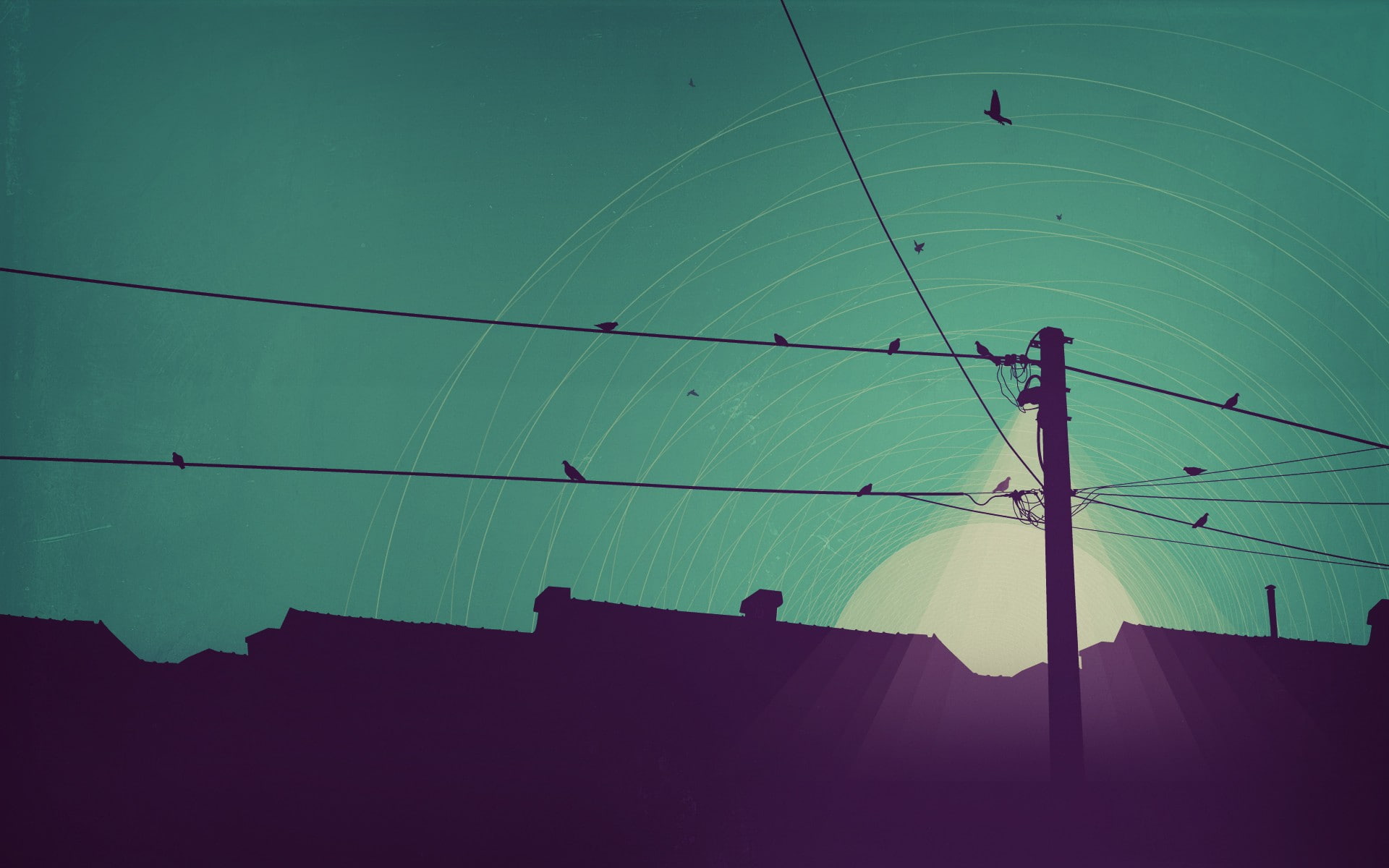 1080P, birds, artwork, rooftops, sky, HD Wallpaper