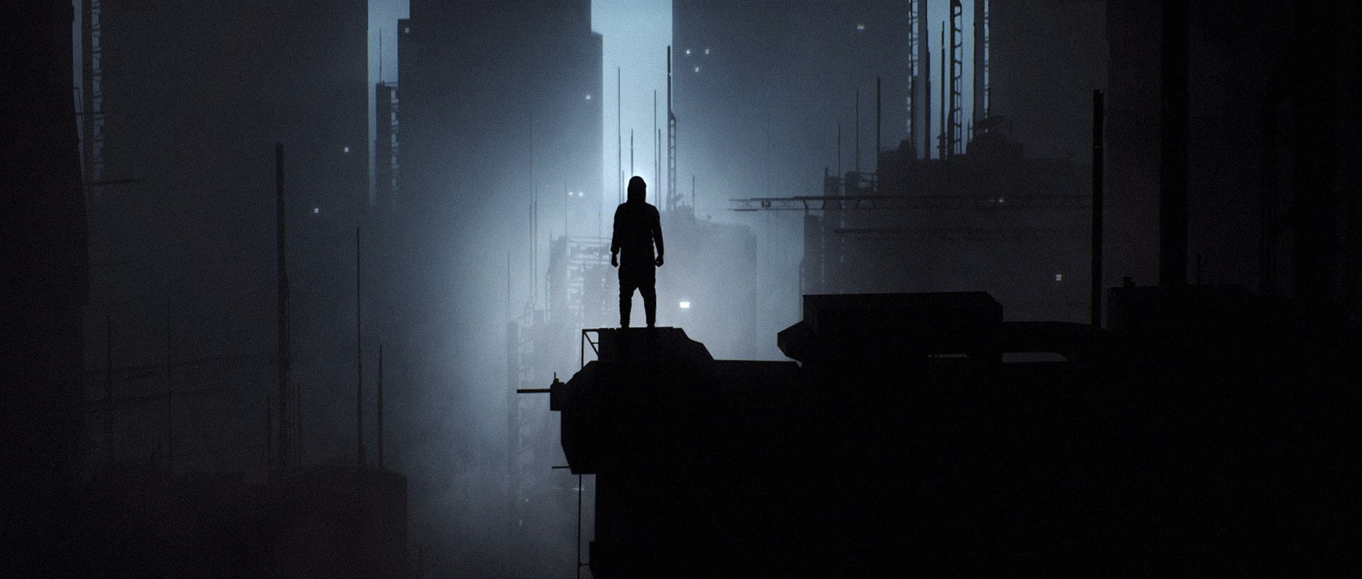 shadow, standing, town, 1080P, rooftops, night, HD Wallpaper