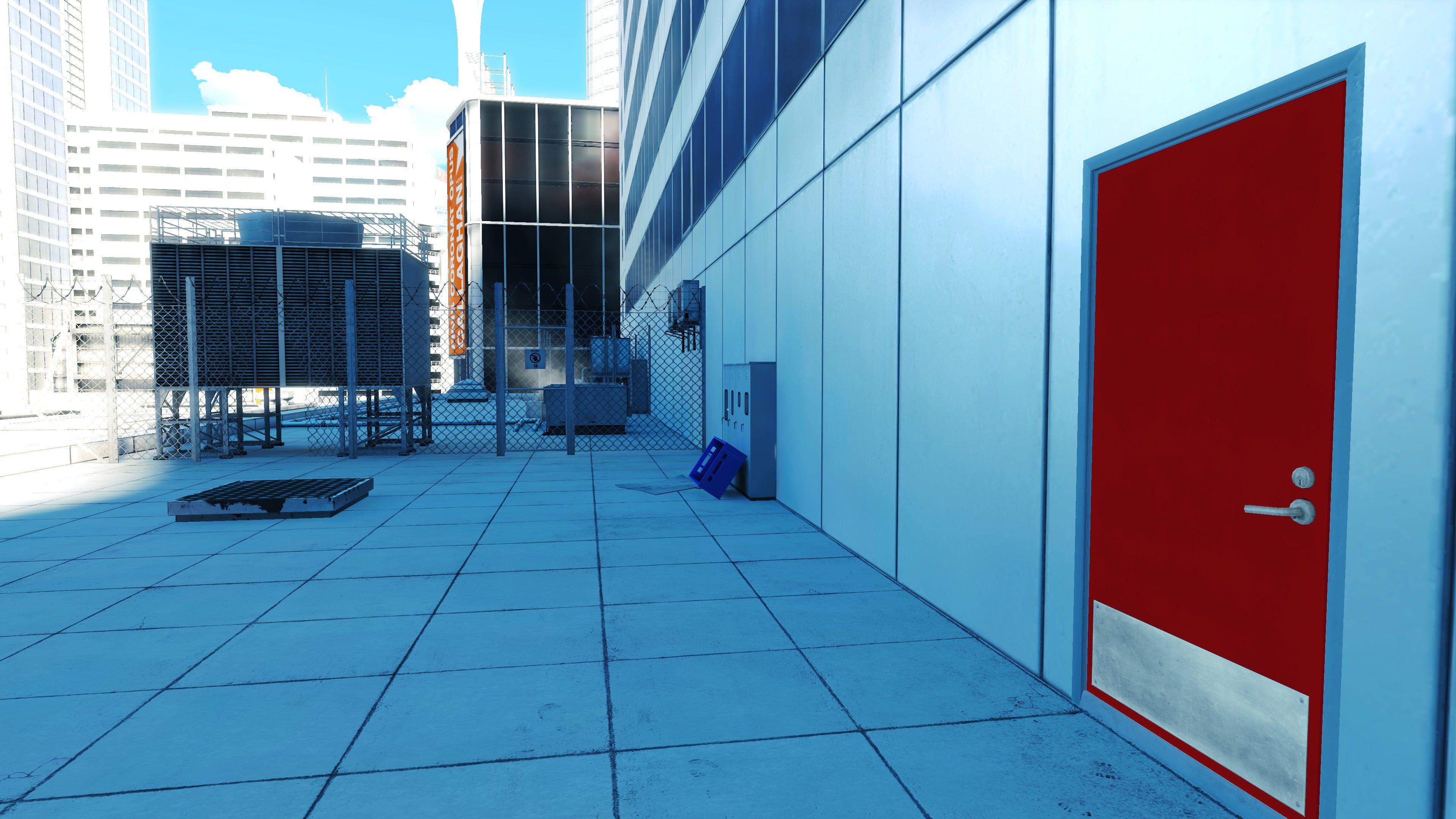 city, glass - material, architecture, Mirrors Edge, day, red, blue, door, nature, 4K, no people, sunlight, rooftop, closed, building exterior, footpath, HD Wallpaper