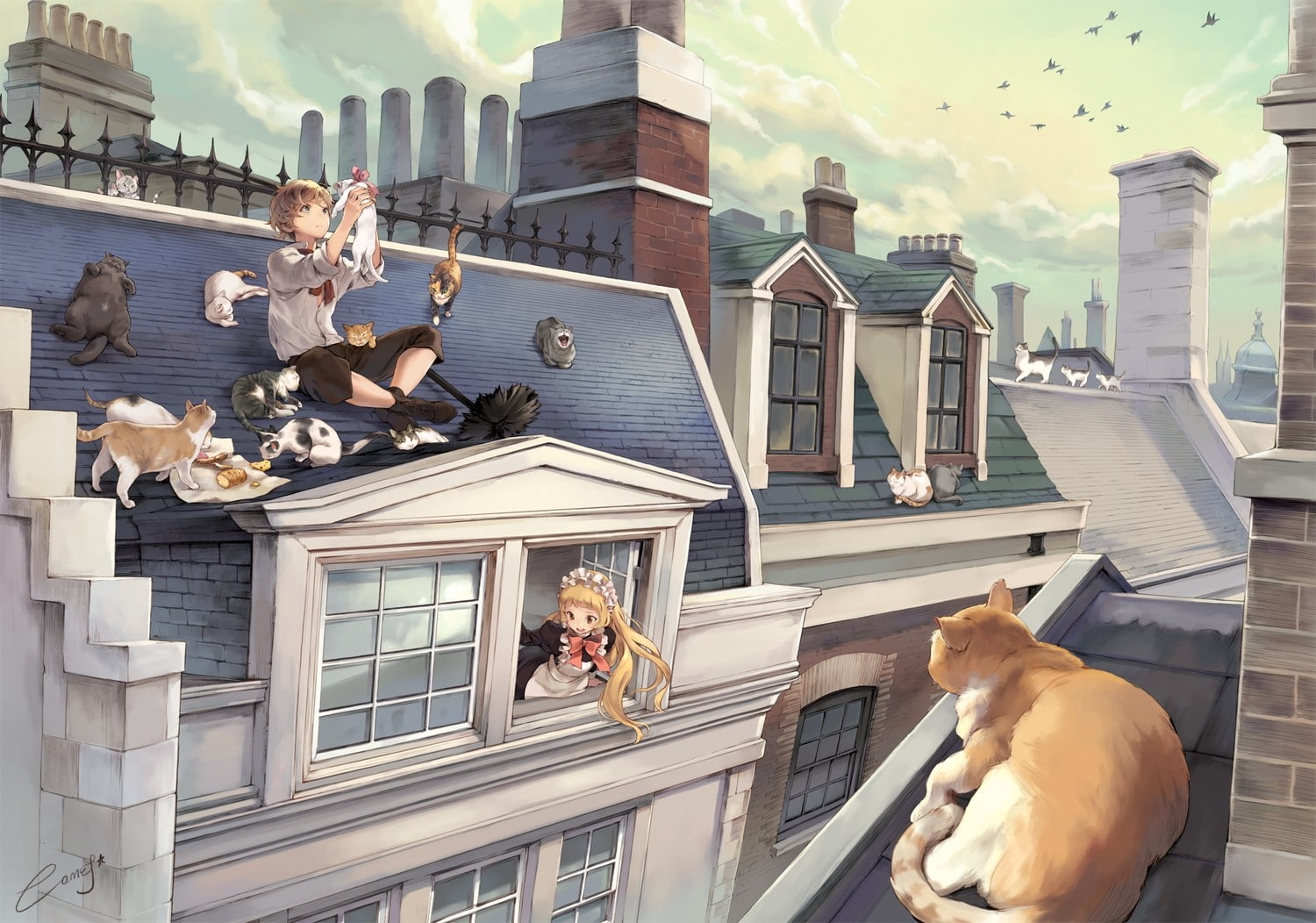 720P, anime, cat, rooftops, landscape, HD Wallpaper