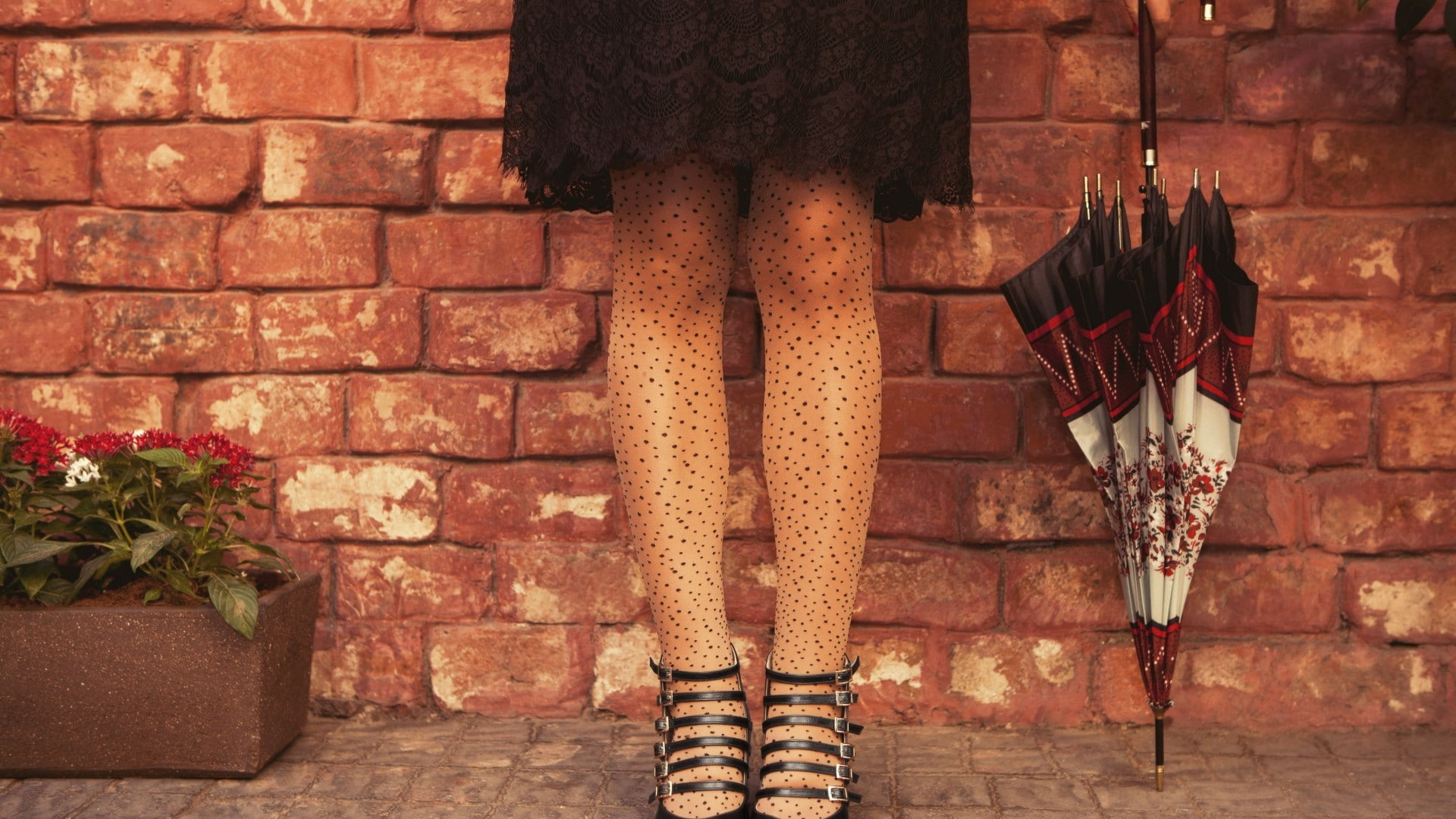 body part, human leg, wall, one person, day, low section, clothing, skirt, standing, umbrella, brick wall, 1080P, women, outdoors, brick, hanging, bricks, HD Wallpaper