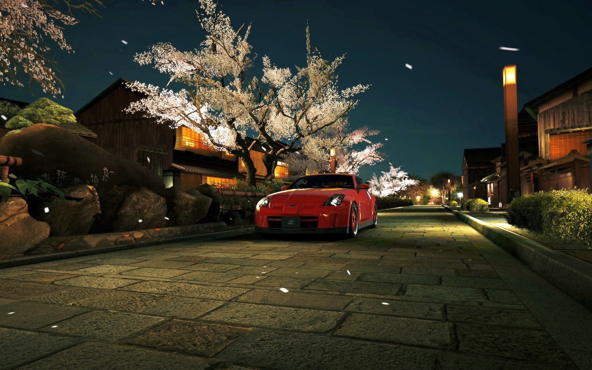 night, architecture, hd, no people, car, Trees, turismo, x, cherry blossom, japan, aircraft, land vehicle, illuminated, built structure, blossom, motor vehicle, HD Wallpaper
