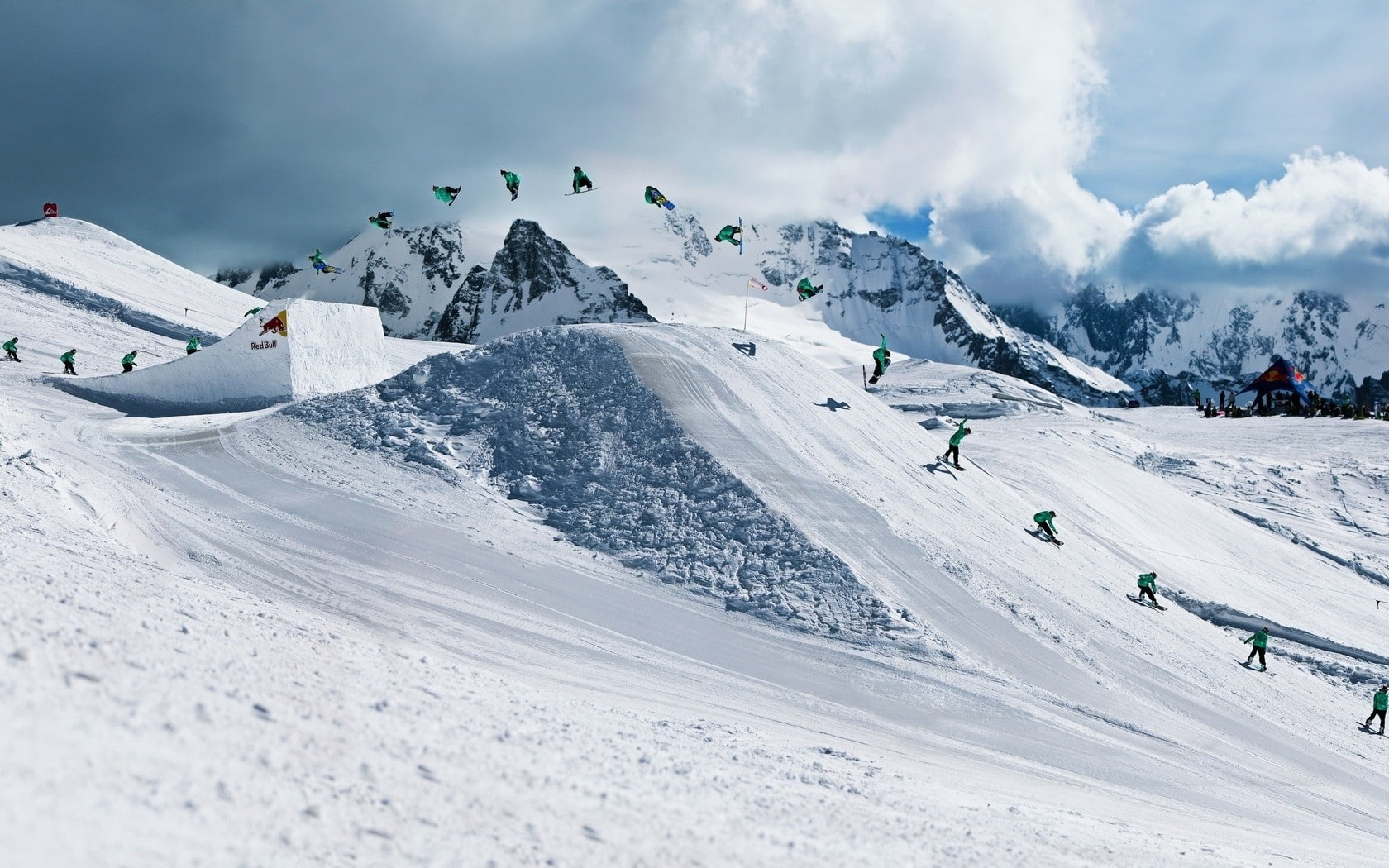 Skiers, Jumping, Sequence Photography, Trees, snow, snowboarding, mountain, clouds, 720P, Red Bull, HD Wallpaper