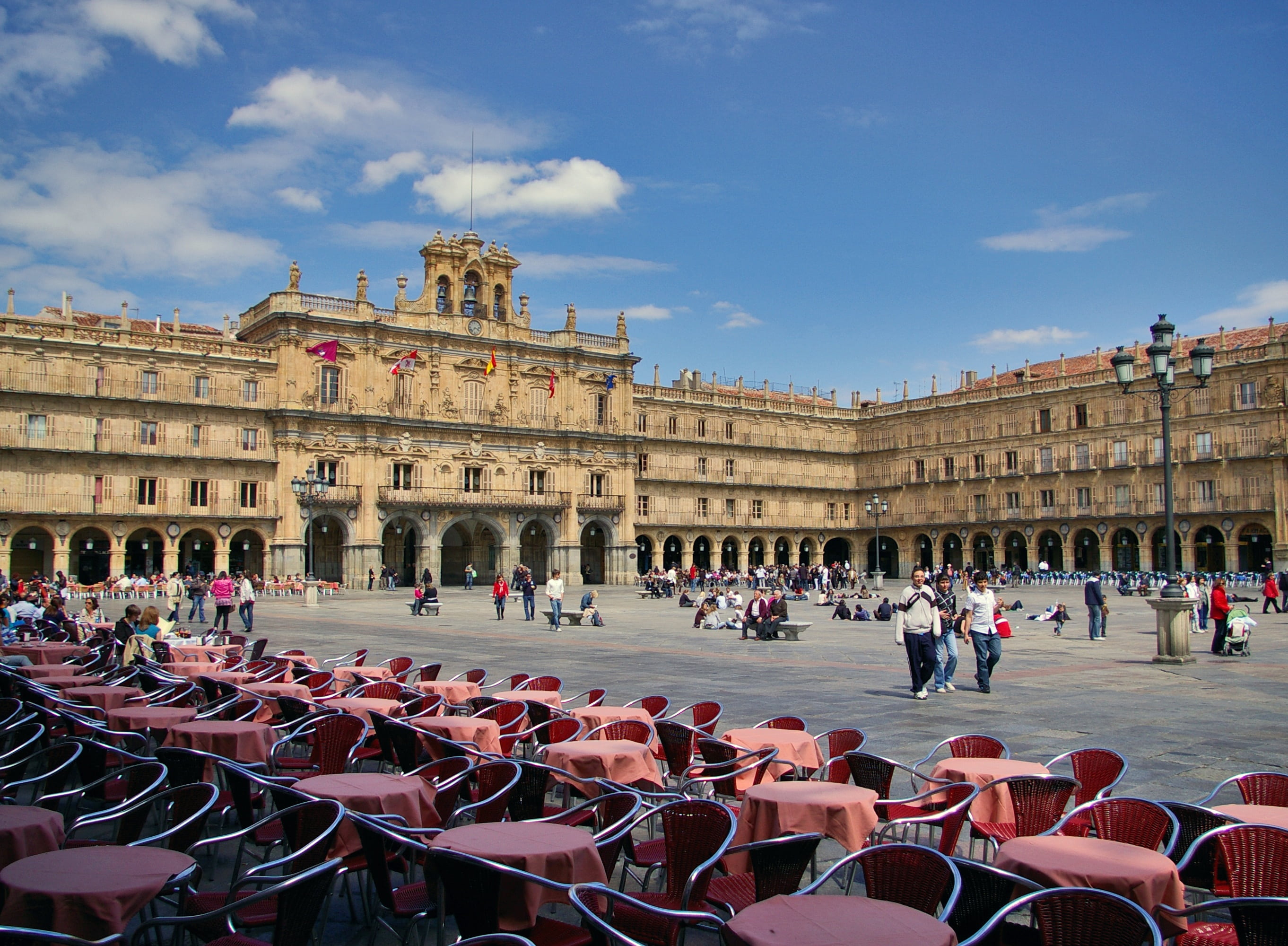 group of people, sky, walking, 2K, adult, spain, crowd, people, tables, city, chairs, architecture, architectural column, tourism, salamanca, cloud - sky, HD Wallpaper