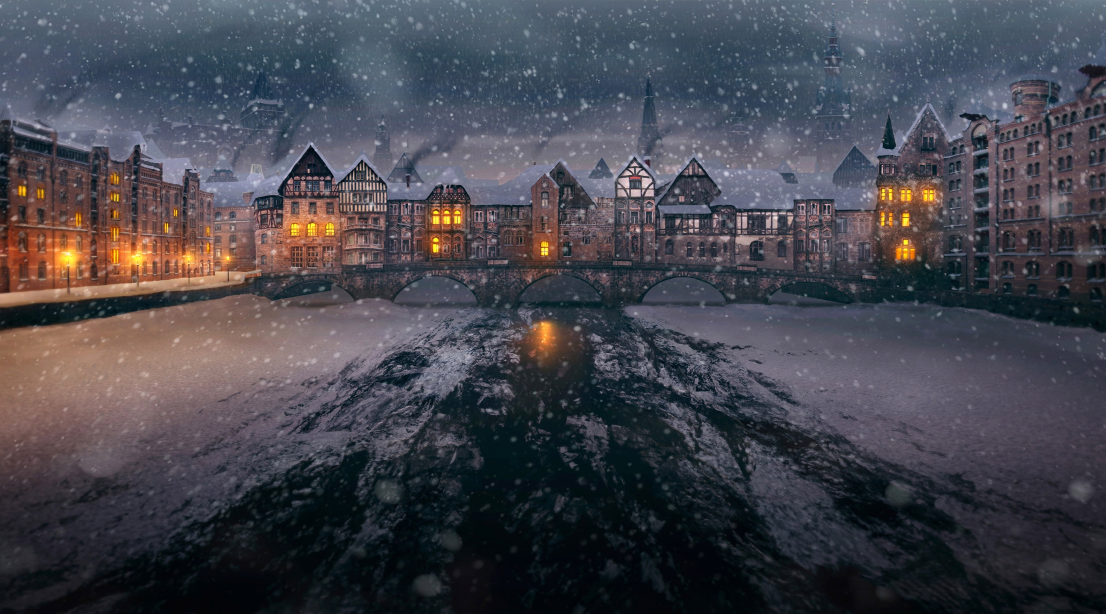 nature, storm, night, built structure, 4K, no people, dusk, blizzard, madrid, old, sky, mayor, outdoors, bridge, building, snowing, plaza, cloud - sky, HD Wallpaper