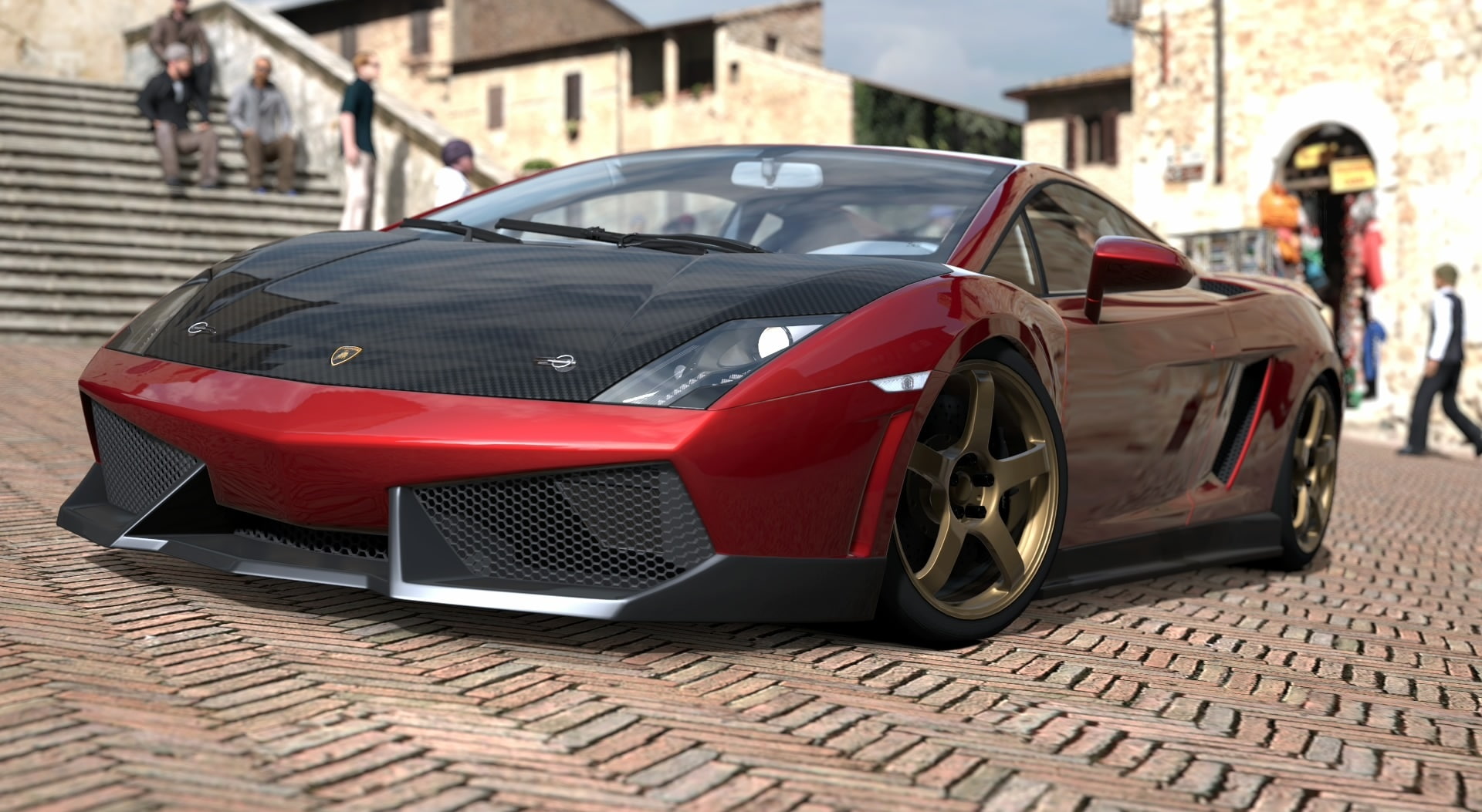 san gimignano, mayor, car, focus on foreground, Lamborghini, coupe, mode of transportation, day, gran turismo 5, luxury, wheel, plaza, motor vehicle, 1080P, HD Wallpaper