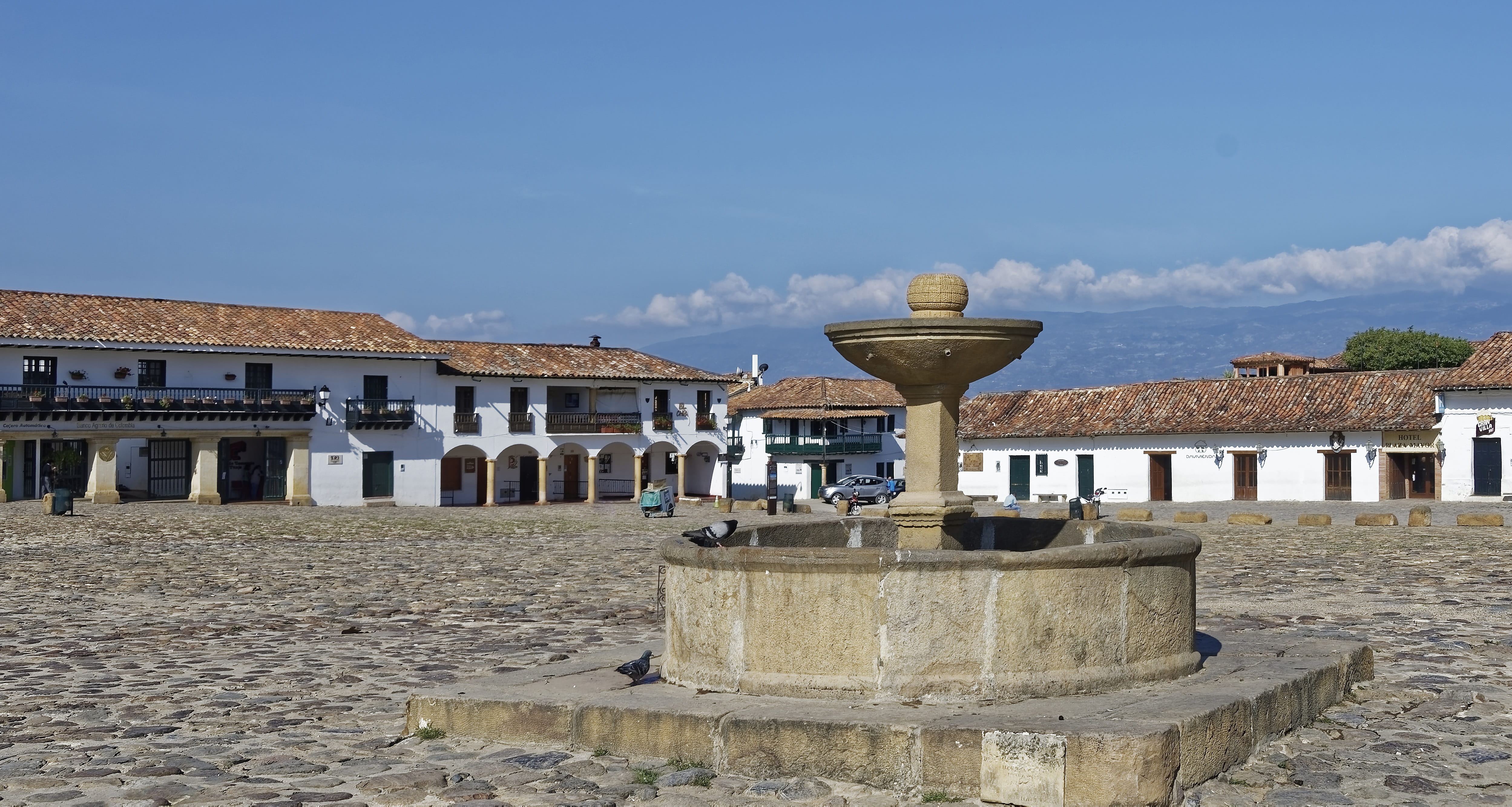 fountain, outdoors, historical, old, city, plaza mayor, building exterior, stone wall, the past, water, colombia, travel, sky, building, wall, villa de leyva, HD Wallpaper