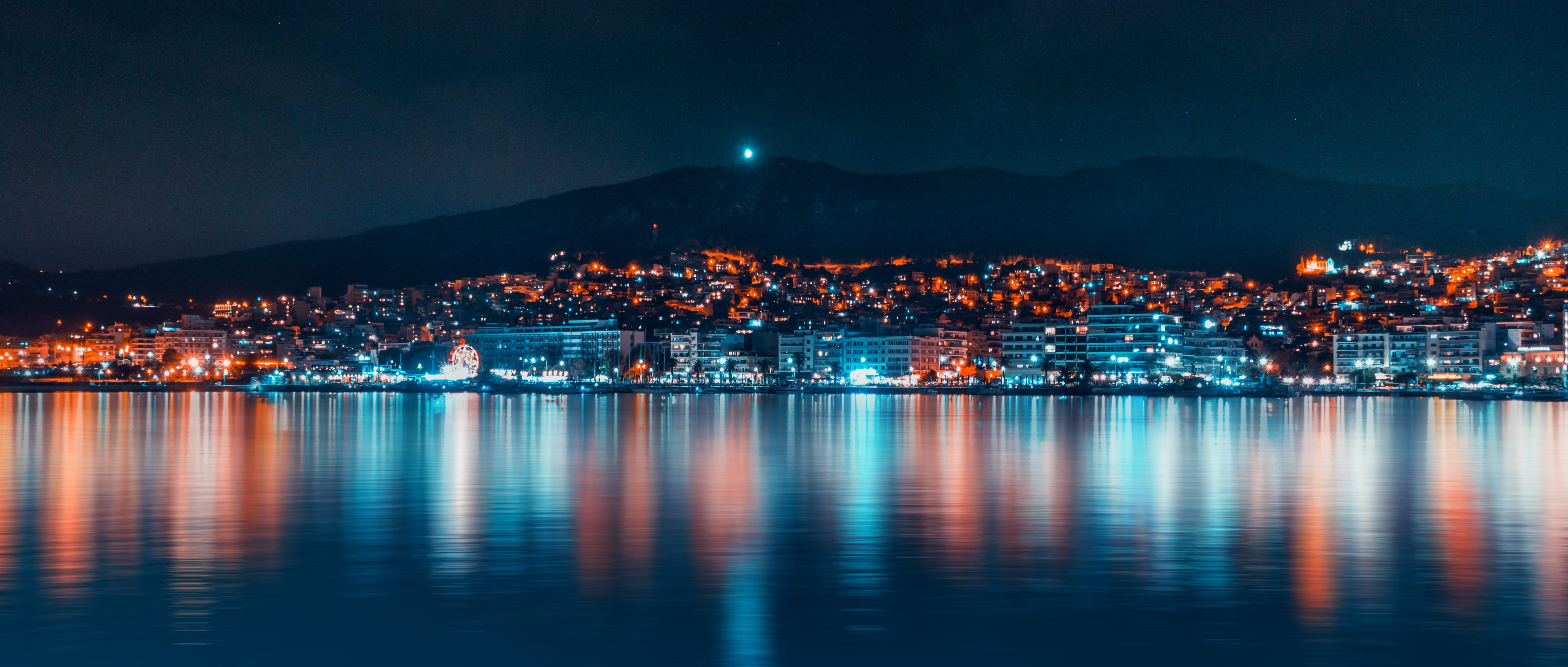 water, europe, illuminated, nature, buildings, stars, outdoors, evening, long exposure, lights, city, metropole, modern, reflections, travel destinations, HD Wallpaper