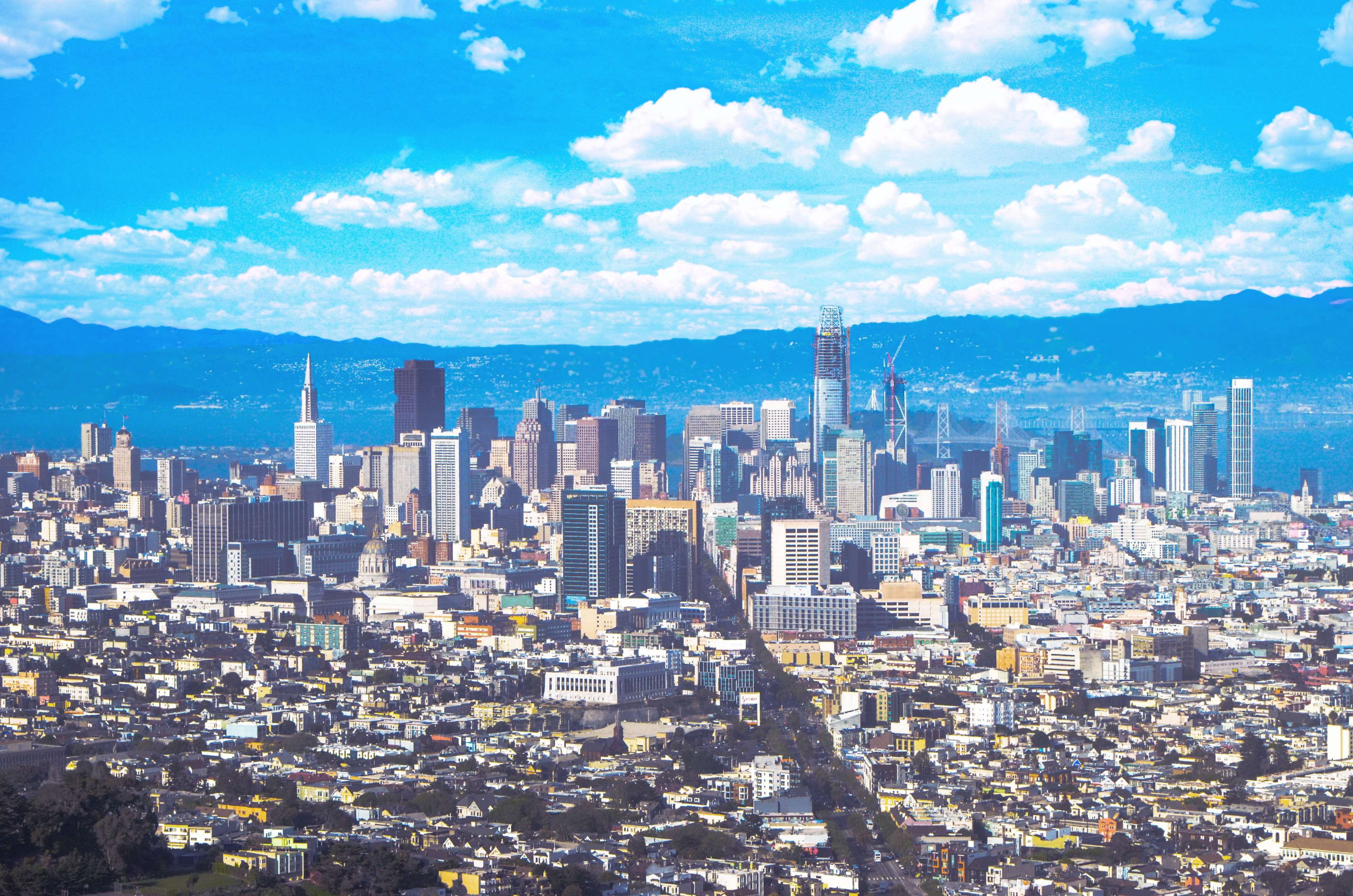 built structure, cityscape, high angle view, city life, the city, looking at view, residential district, building exterior, outdoors, hue, sf, 4K, blue, HD Wallpaper