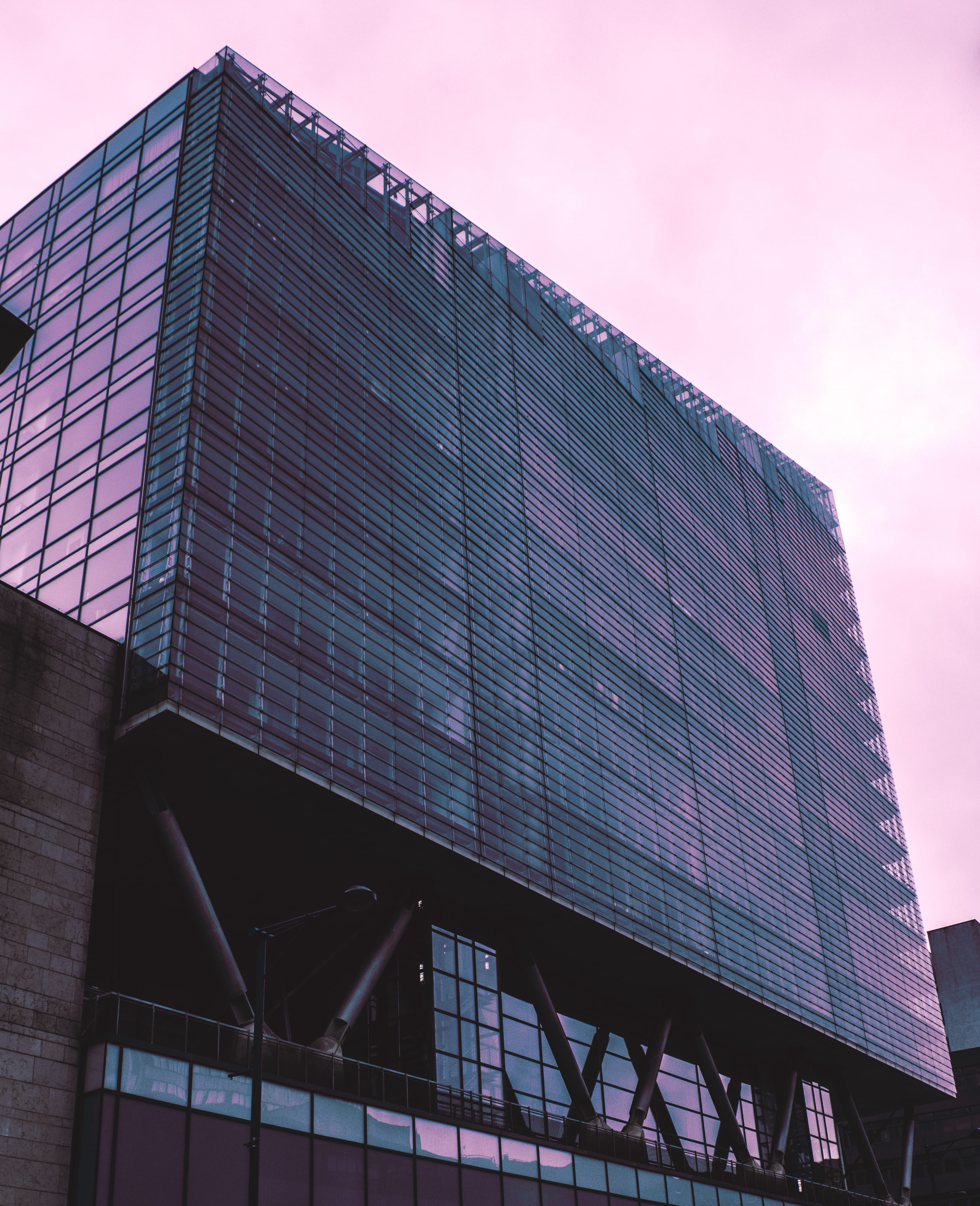 office, purple, metal, clear sky, no people, architecture, railing, manchester, modern, office building exterior, tall - high, built structure, low angle view, Phone HD Wallpaper