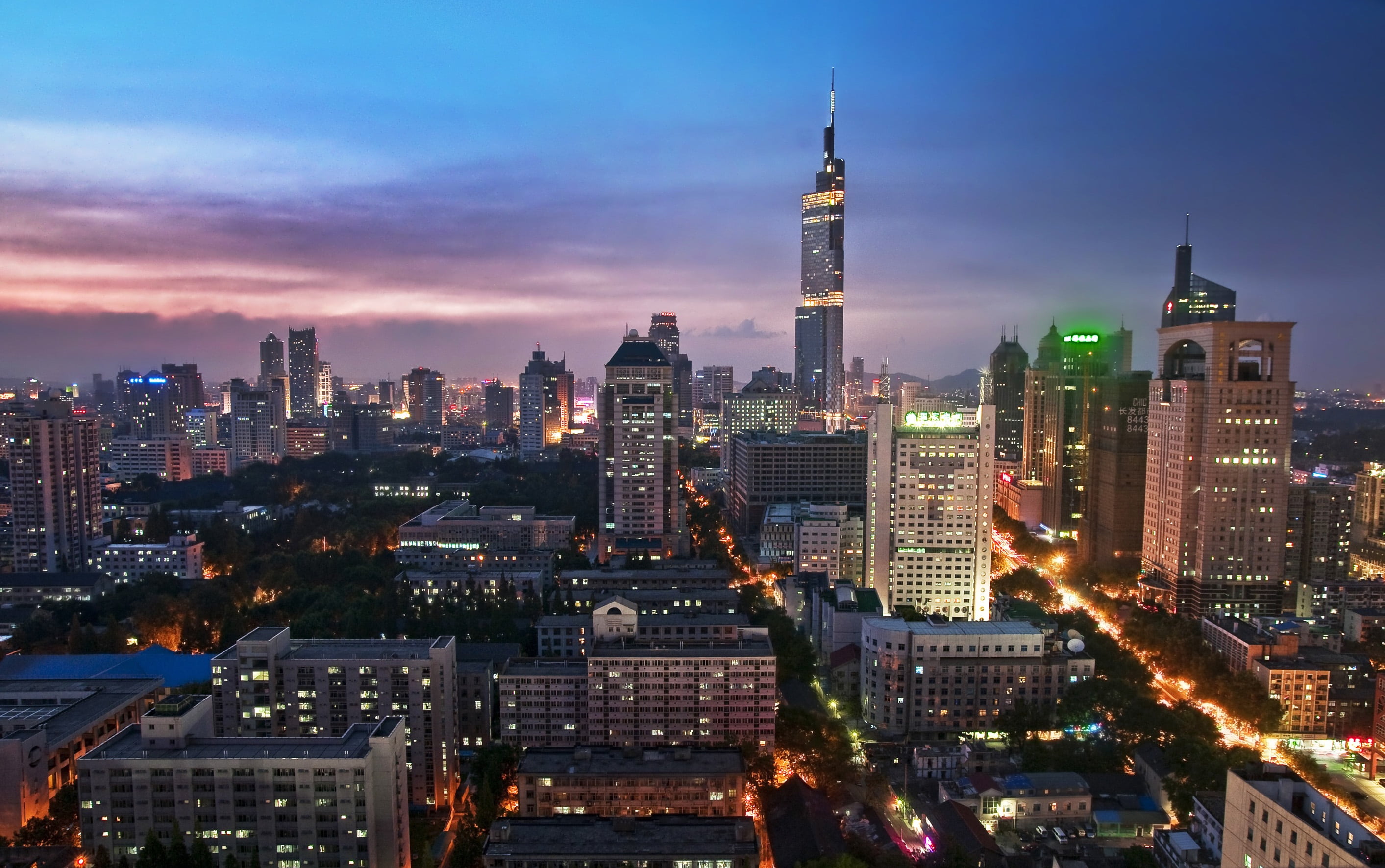 building, buildings, nanjing, architecture, crowd, crowded, residential district, outdoors, tall - high, urban landscape, night, landscape, 2K, sky, spire, HD Wallpaper