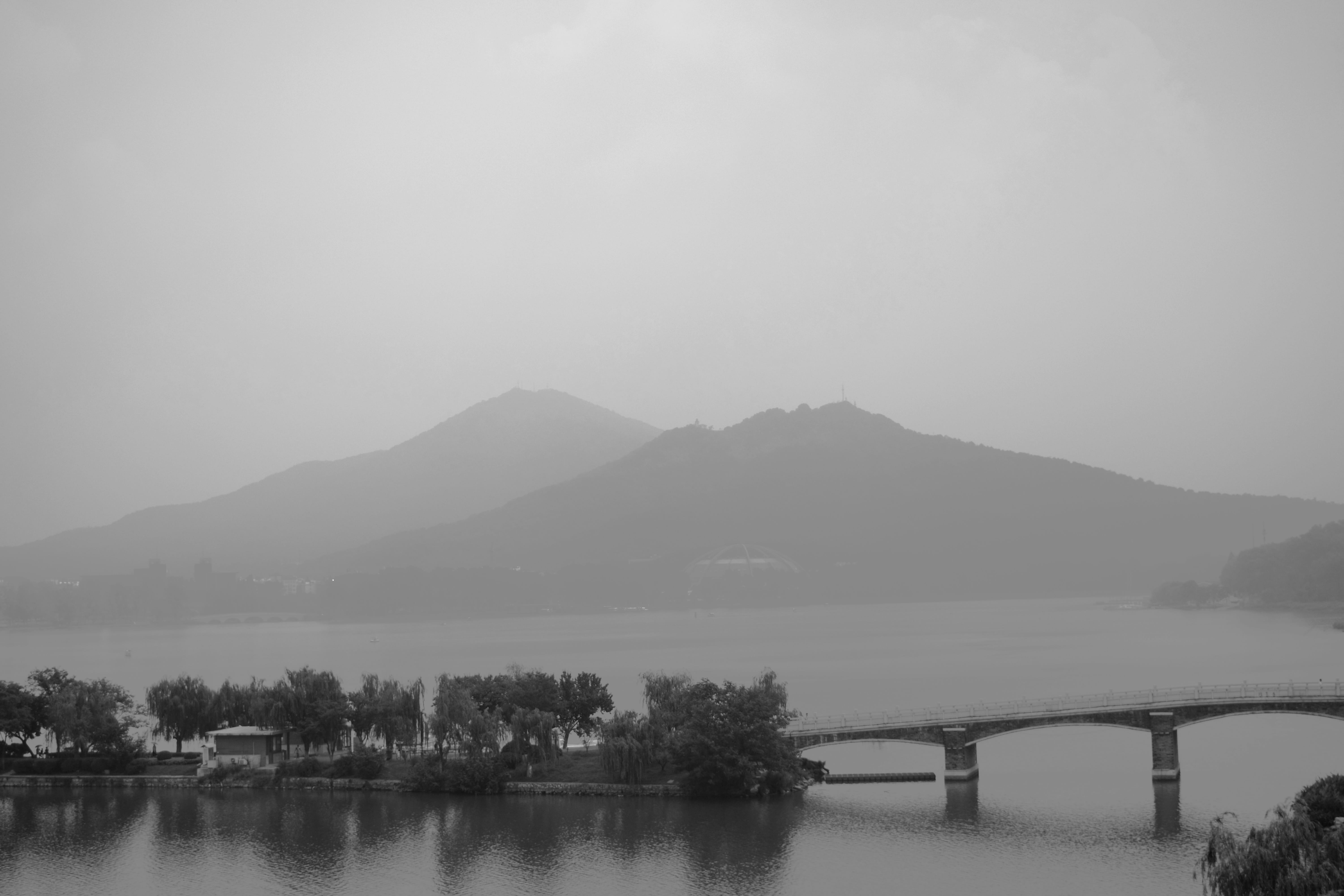 mountain range, tranquil scene, sky, lake, nature, 5K, clear sky, no people, tree, park, connection, bridge, tranquility, beauty in nature, minimal, scenics - nature, HD Wallpaper