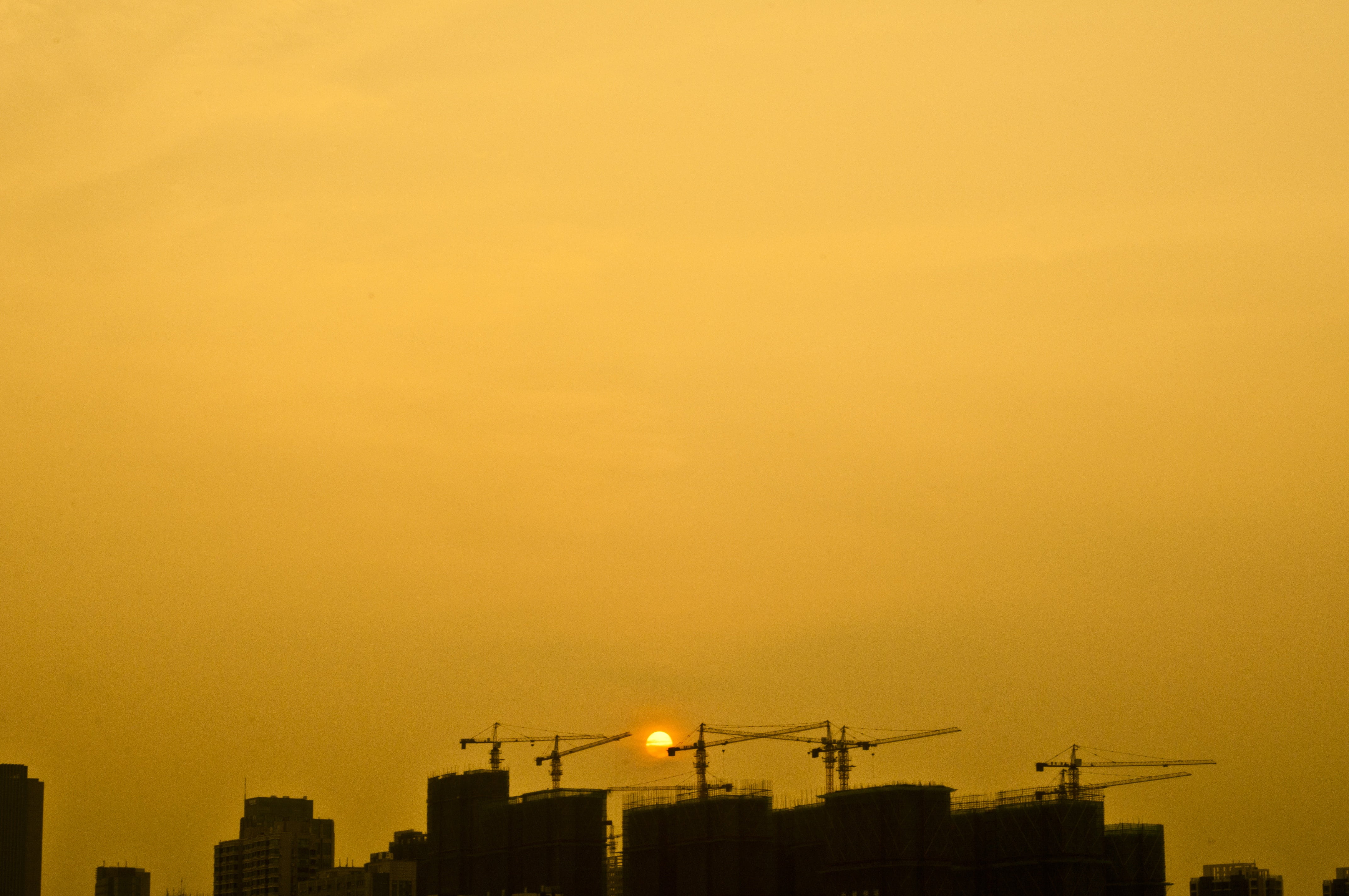 building exterior, machinery, crane, architecture, orange, 4K, at dusk, sun, nature, development of, building, outdoors, no people, construction industry, HD Wallpaper