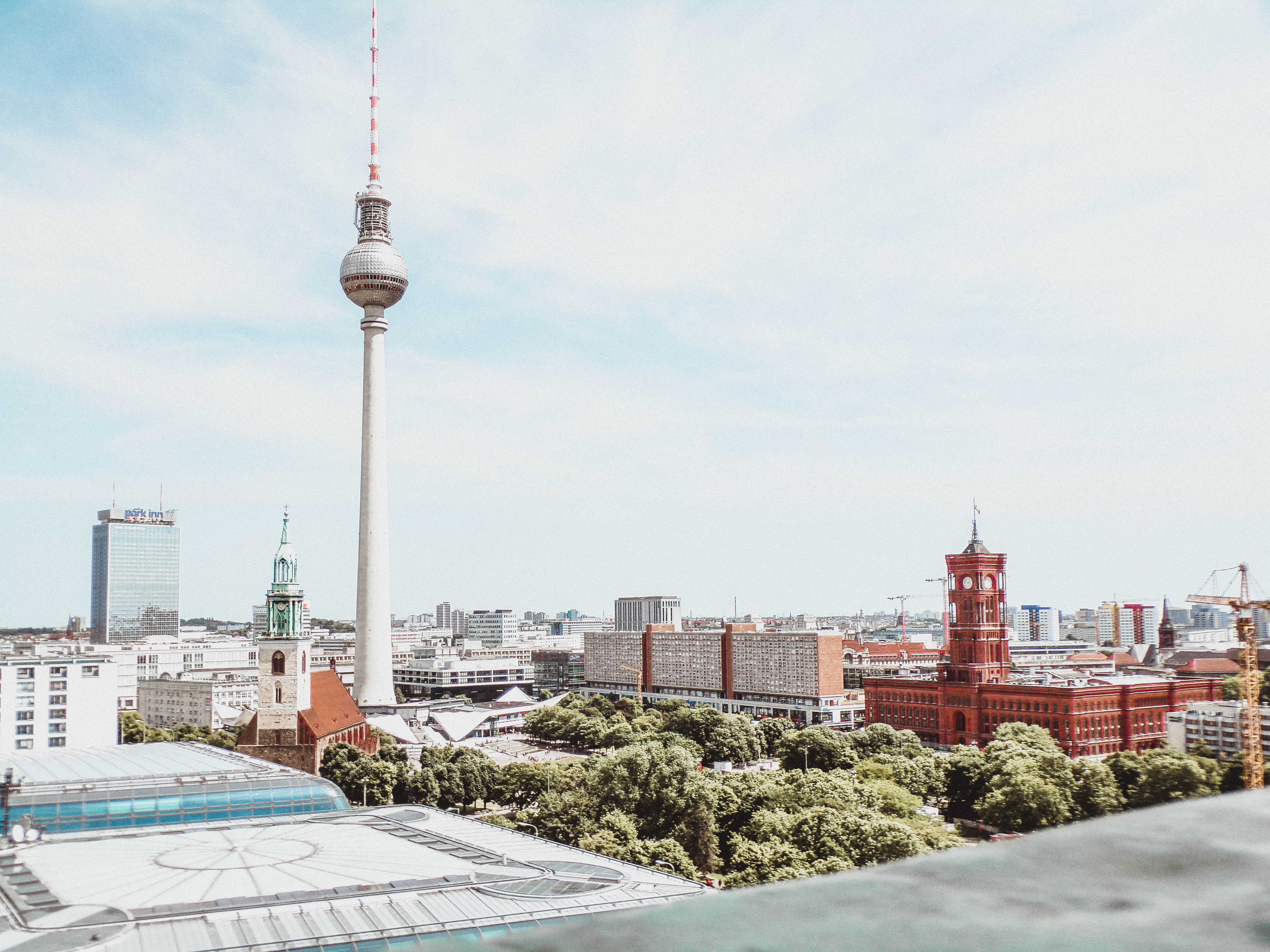 built structure, modern, buildings, trees, cityscape, day, berlin, 5K, city, skyscraper, downtown, steel, global communications, tall - high, building exterior, HD Wallpaper
