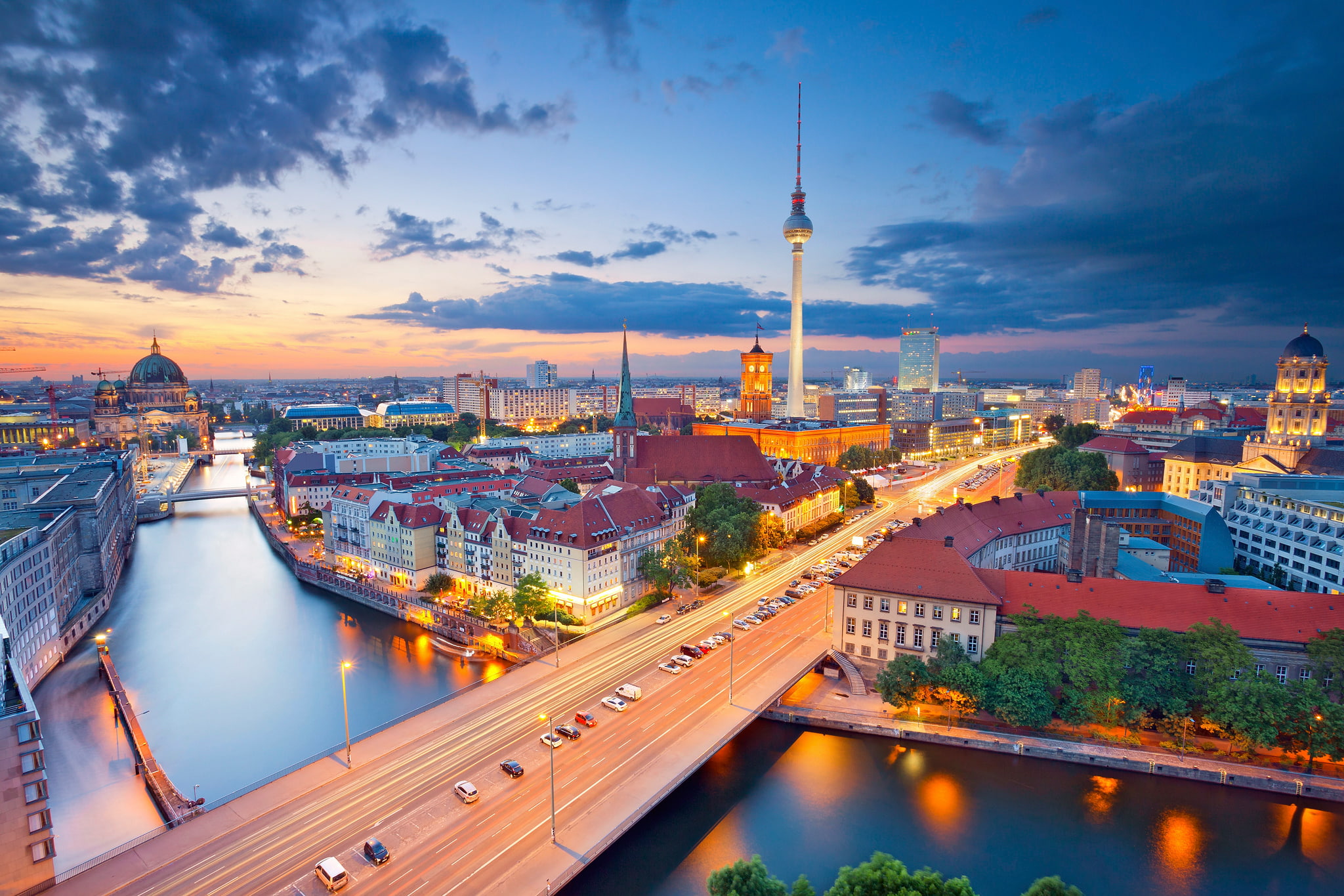 blue, city, transportation, night, street, high angle view, tourism, city Life, urban Skyline, dusk, cultures, tower, river, architecture, europe, 1080P, HD Wallpaper