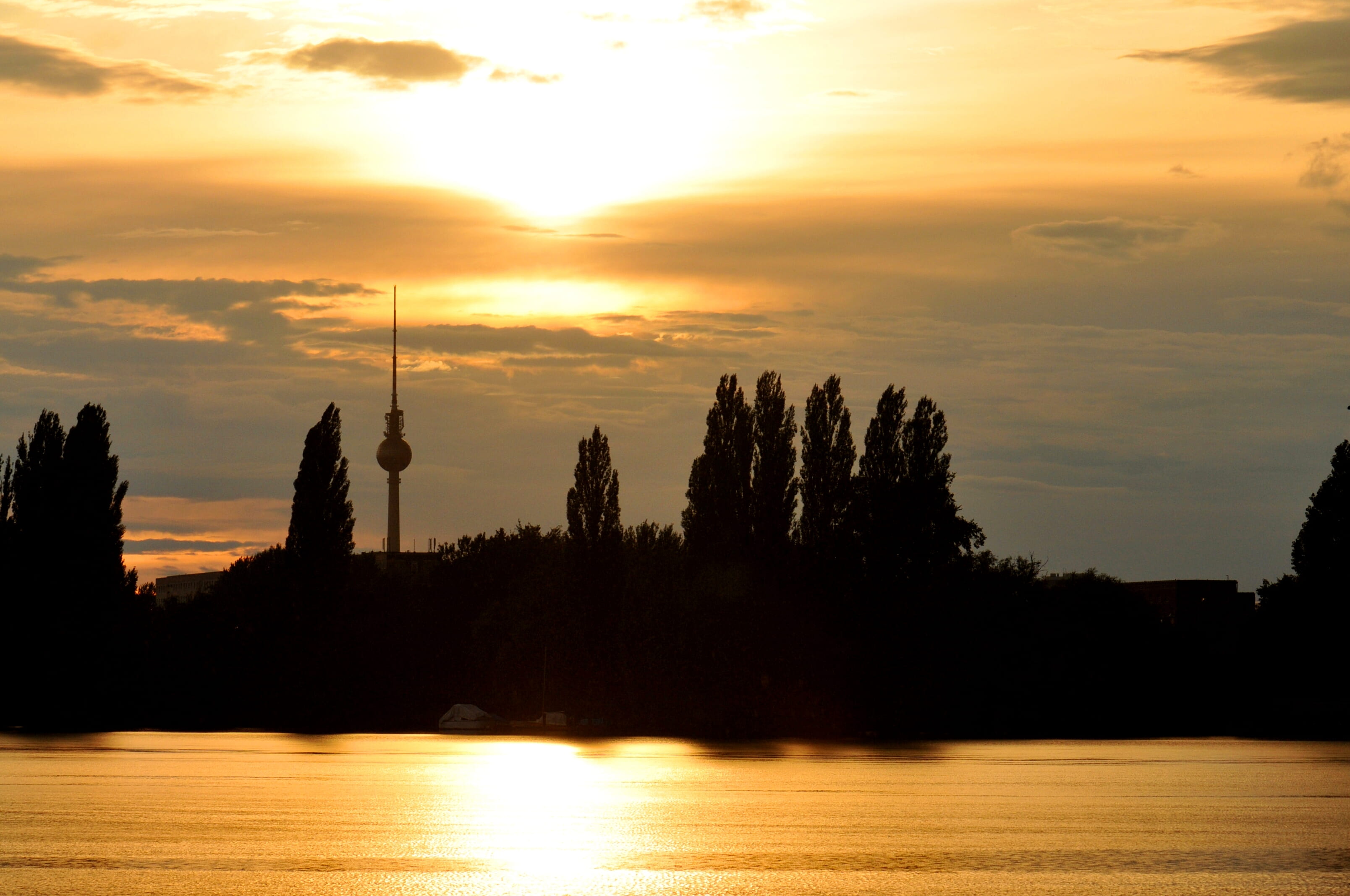 sun, non-urban scene, sunlight, no people, tower, skyline, berlin, sunset, tree, tranquility, plant, scenics - nature, outdoors, tranquil scene, nature, HD Wallpaper