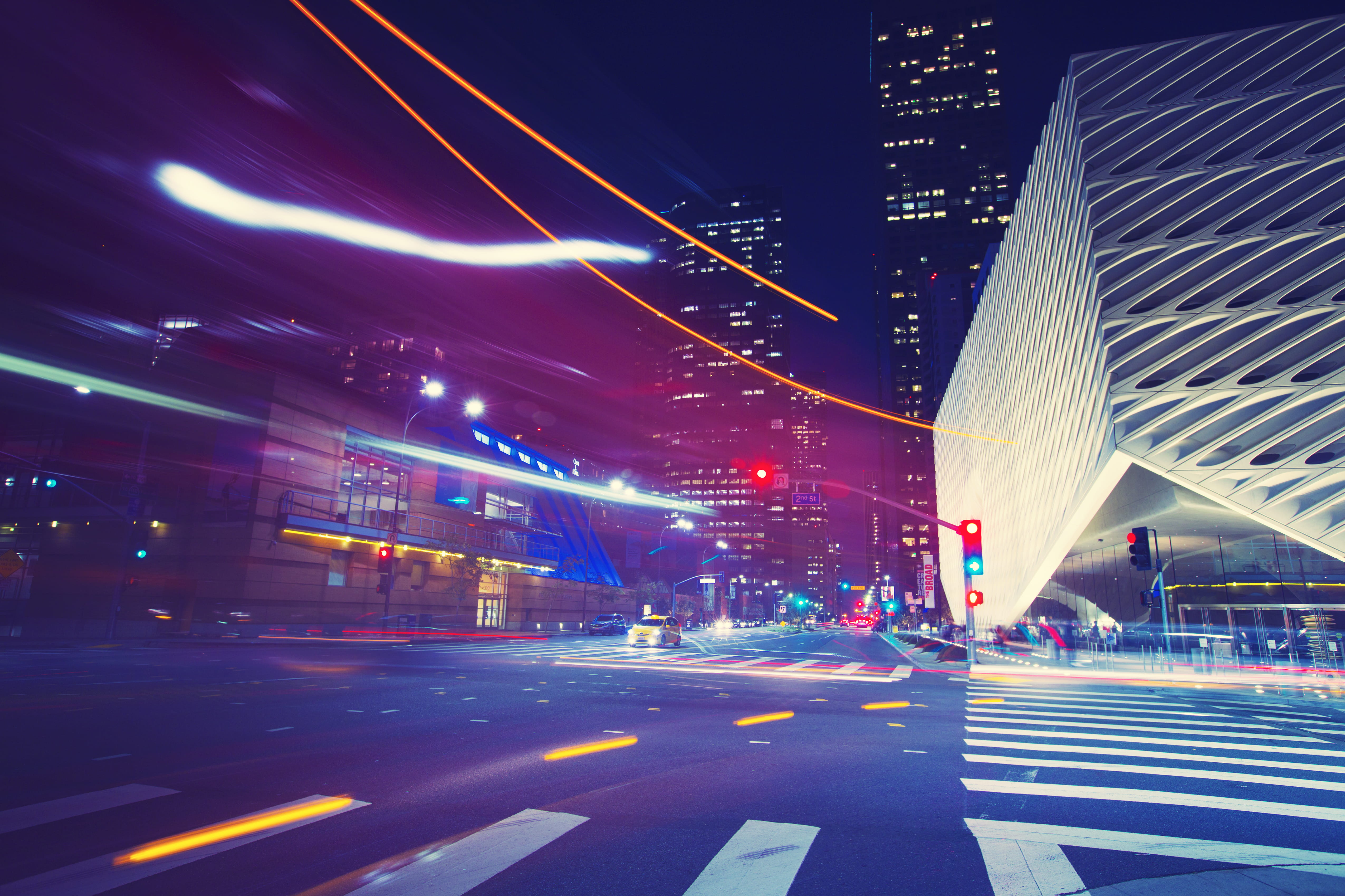 party, building, motion, transportation, road marking, cityscape, city, la, illuminated, city life, no people, office, outdoors, blurr, built structure, HD Wallpaper