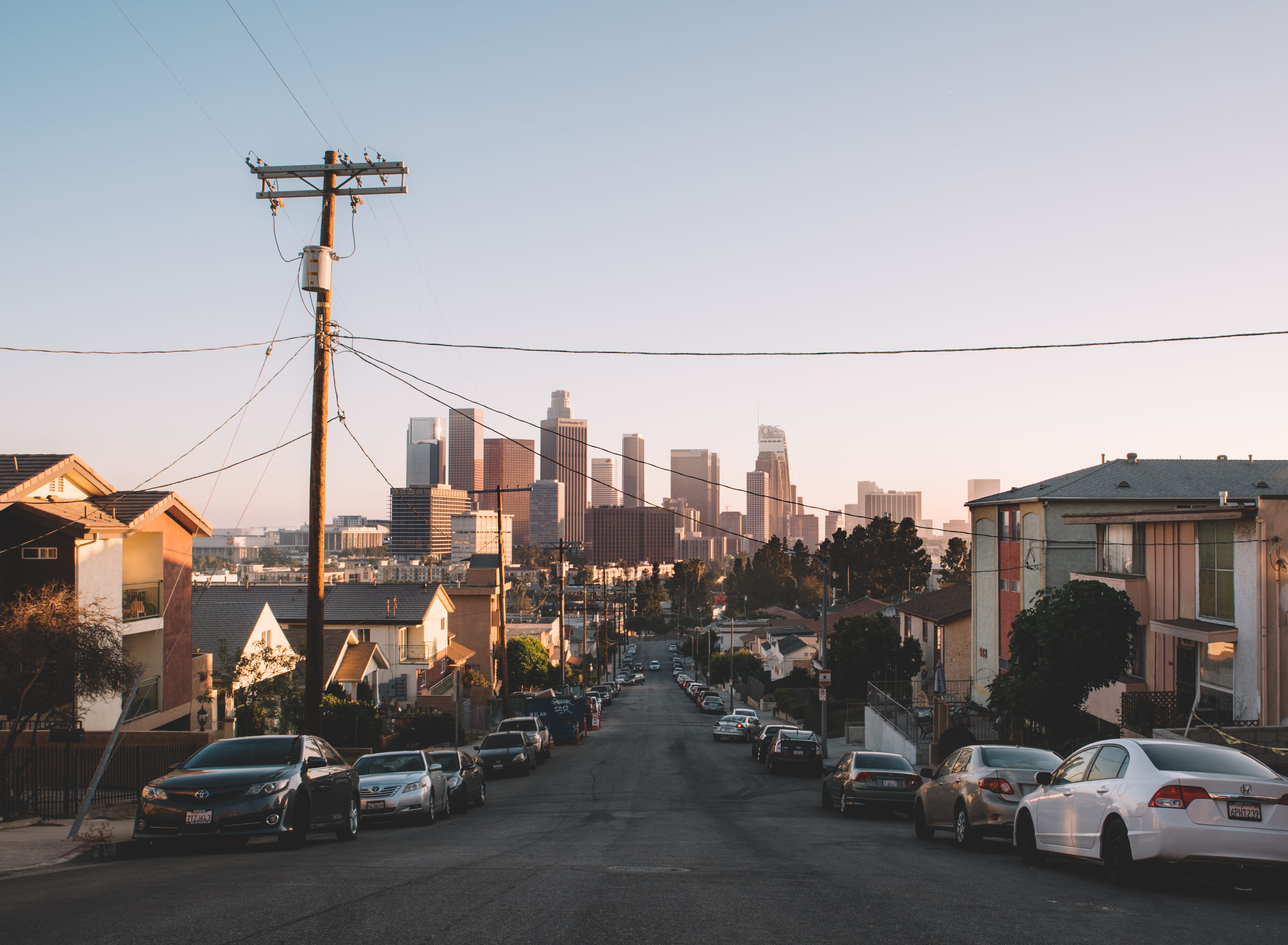 downtown, united states, cars, car, transportation, building exterior, land vehicle, electricity, architecture, sunset, la, mode of transportation, cityscape, HD Wallpaper