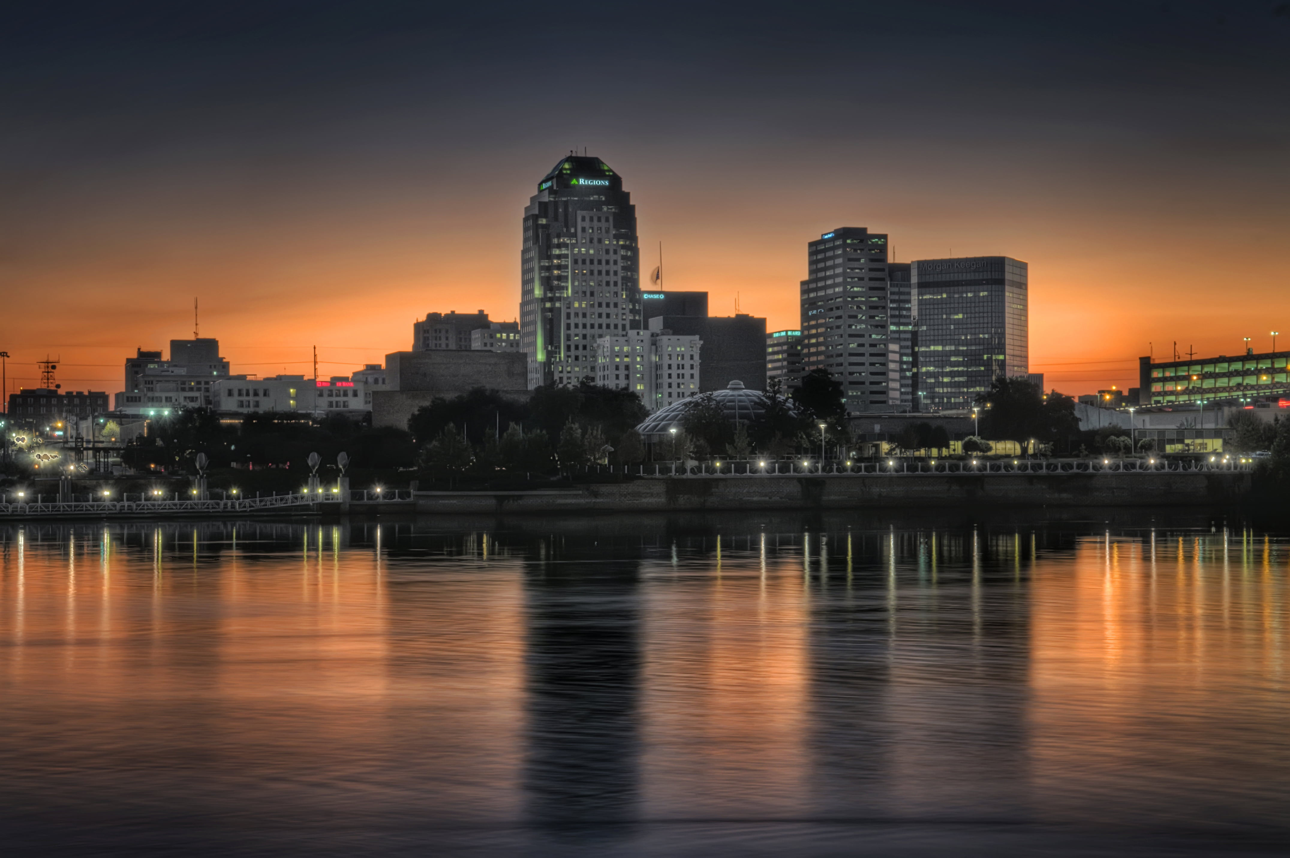 LA, riverfront, near, shreveport, landscape, city, Downtown, body of water, dusk, Shreveport, architecture, cityscape, 4K, reflection, body, night, water, HD Wallpaper