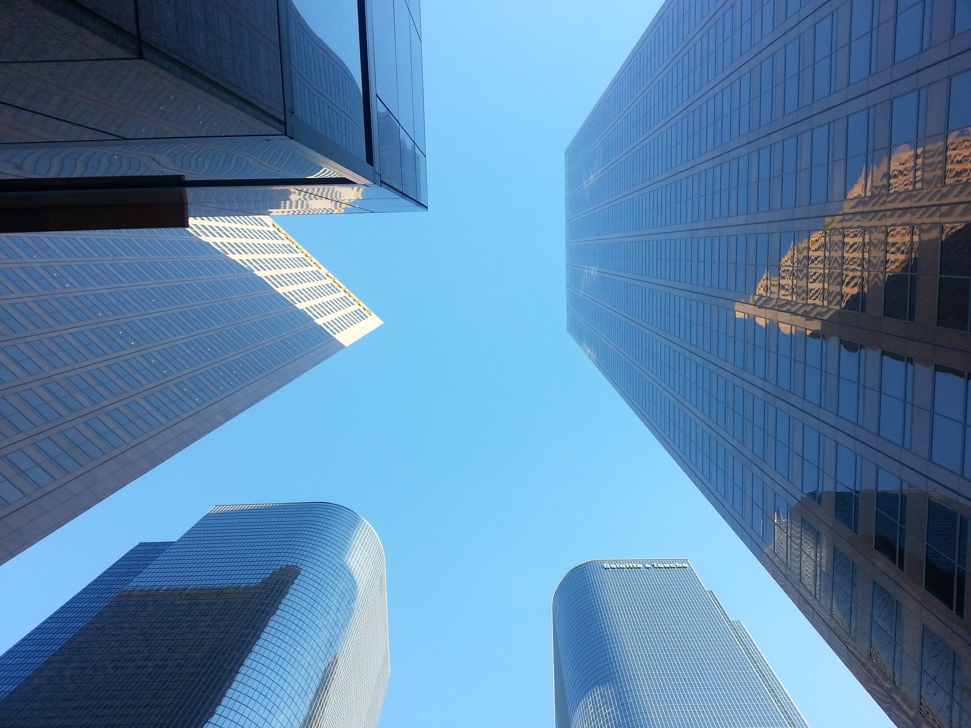 skyline, urban, usa, los, angeles, clear sky, tall - high, la, metropolitan, business, financial district, buildings, office, low angle view, skyscraper, HD Wallpaper