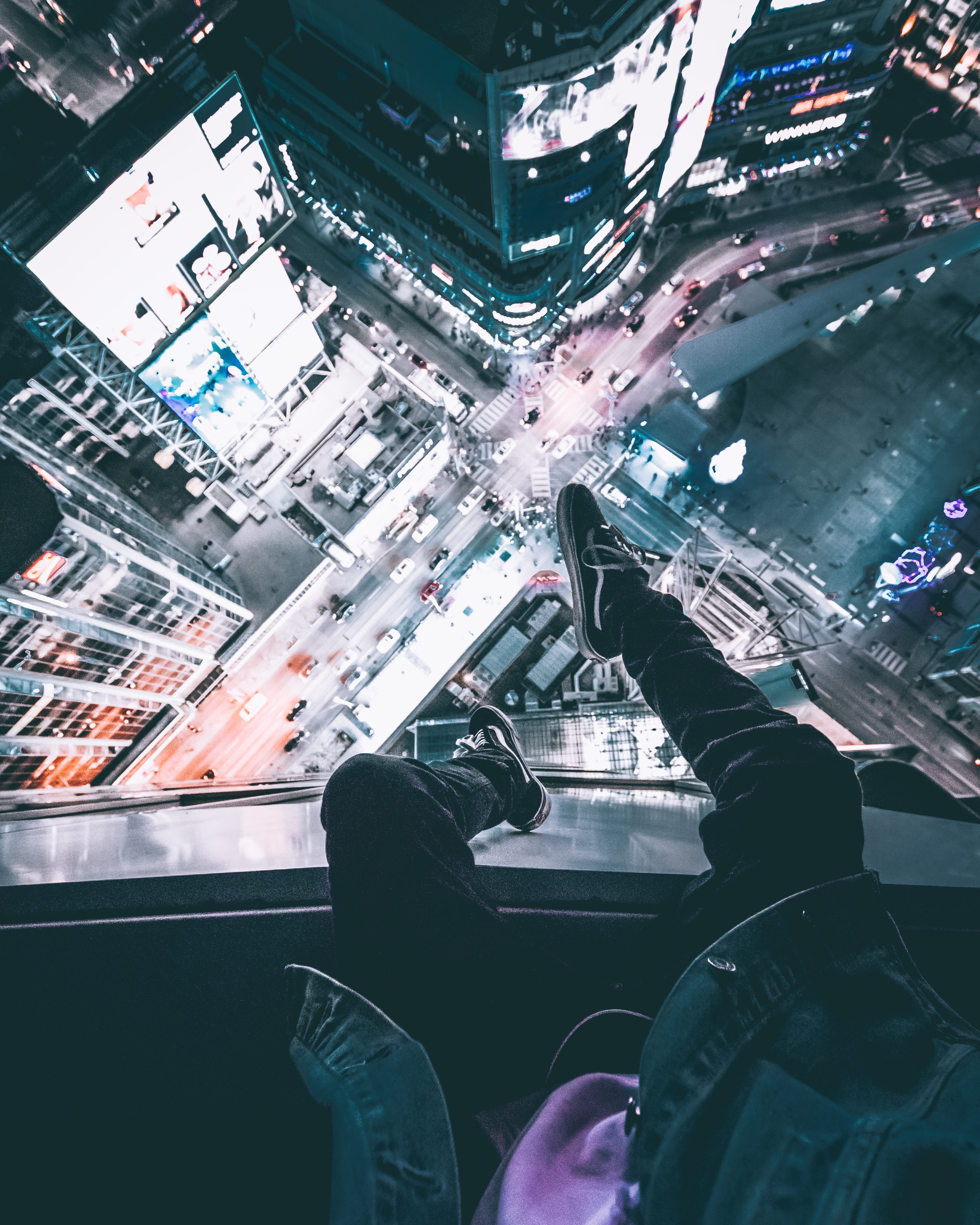 one person, aerial view, mode of transportation, built structure, rooftop, sitting, human body part, city, human leg, real people, 4K, low section, personal perspective, Phone HD Wallpaper