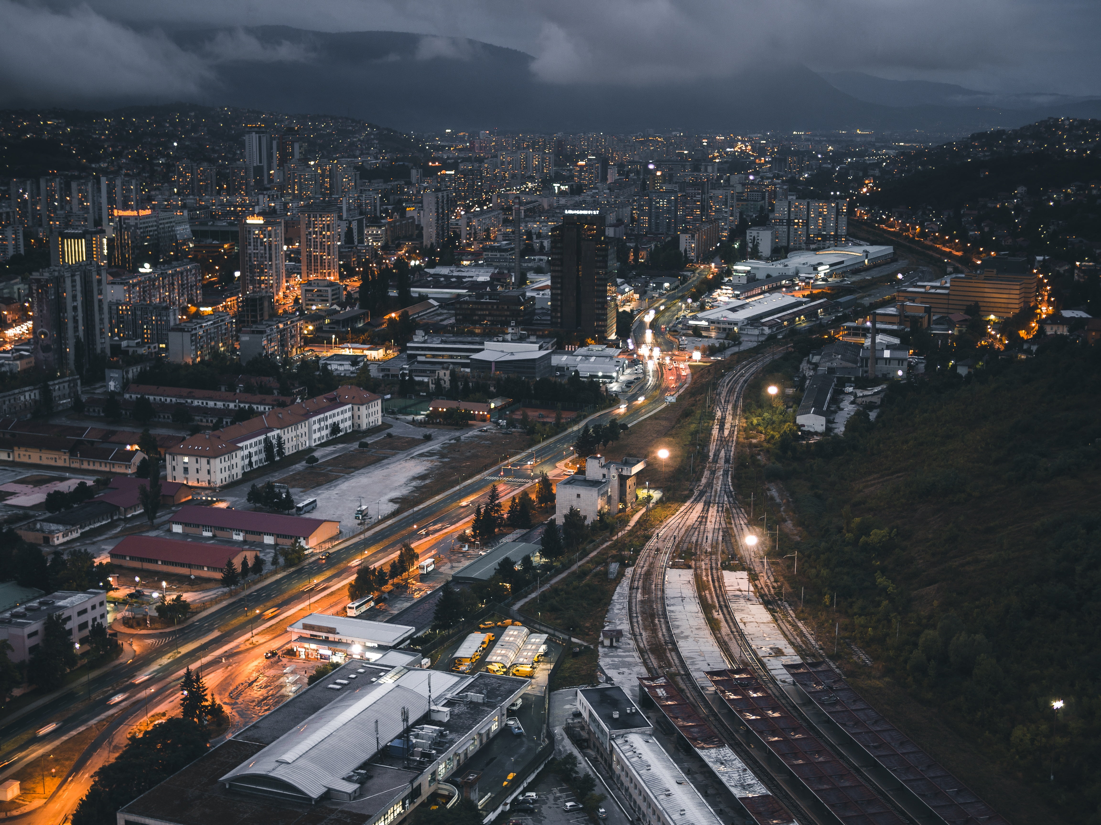 night city, street, downtown District, lot, high angle view, cloud - sky, top view, architecture, building, business, famous Place, japan, buildings, railway, HD Wallpaper
