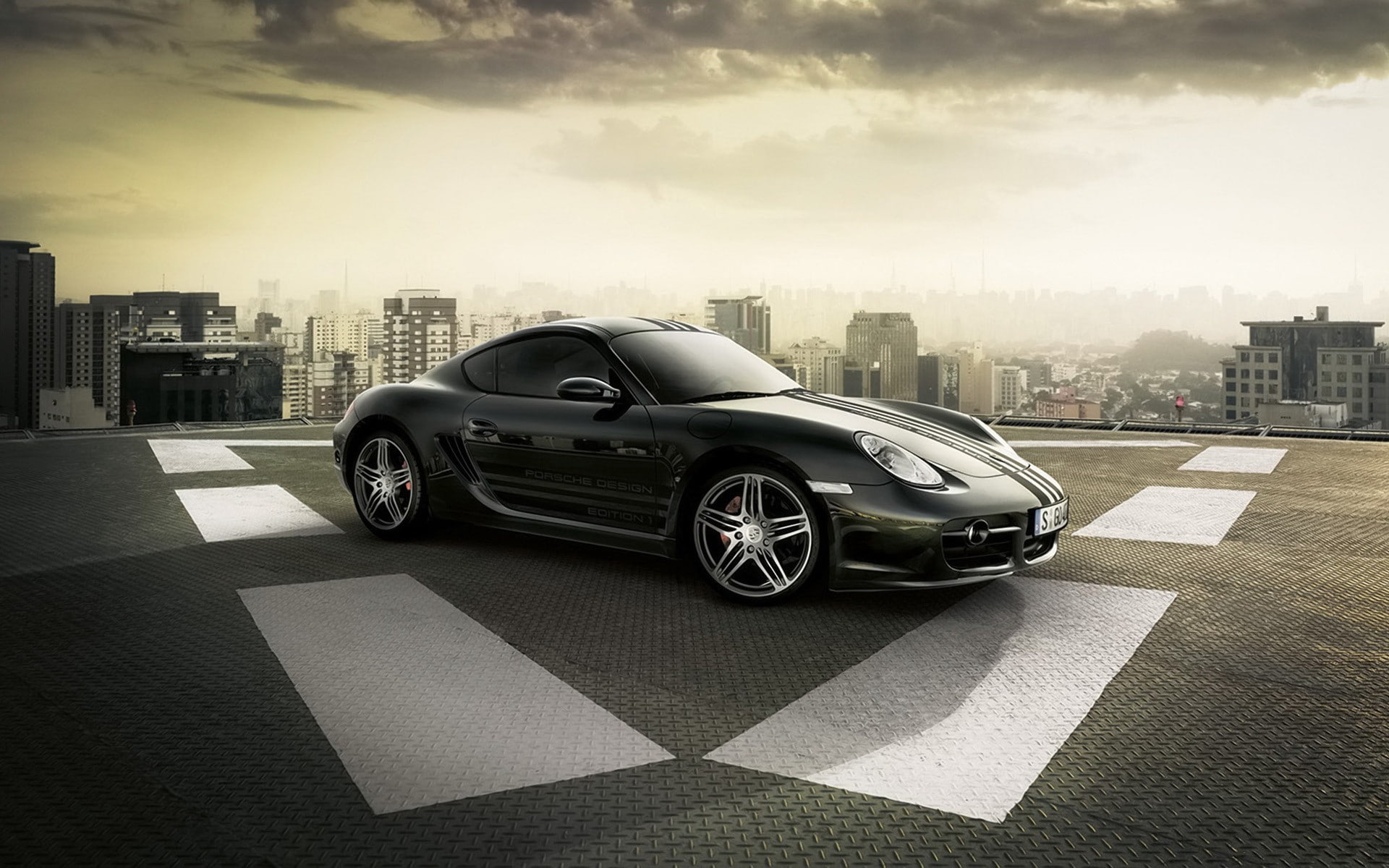 vehicle, cityscape, Porsche, black cars, Porsche Cayman S, rooftops, 1080P, car, HD Wallpaper