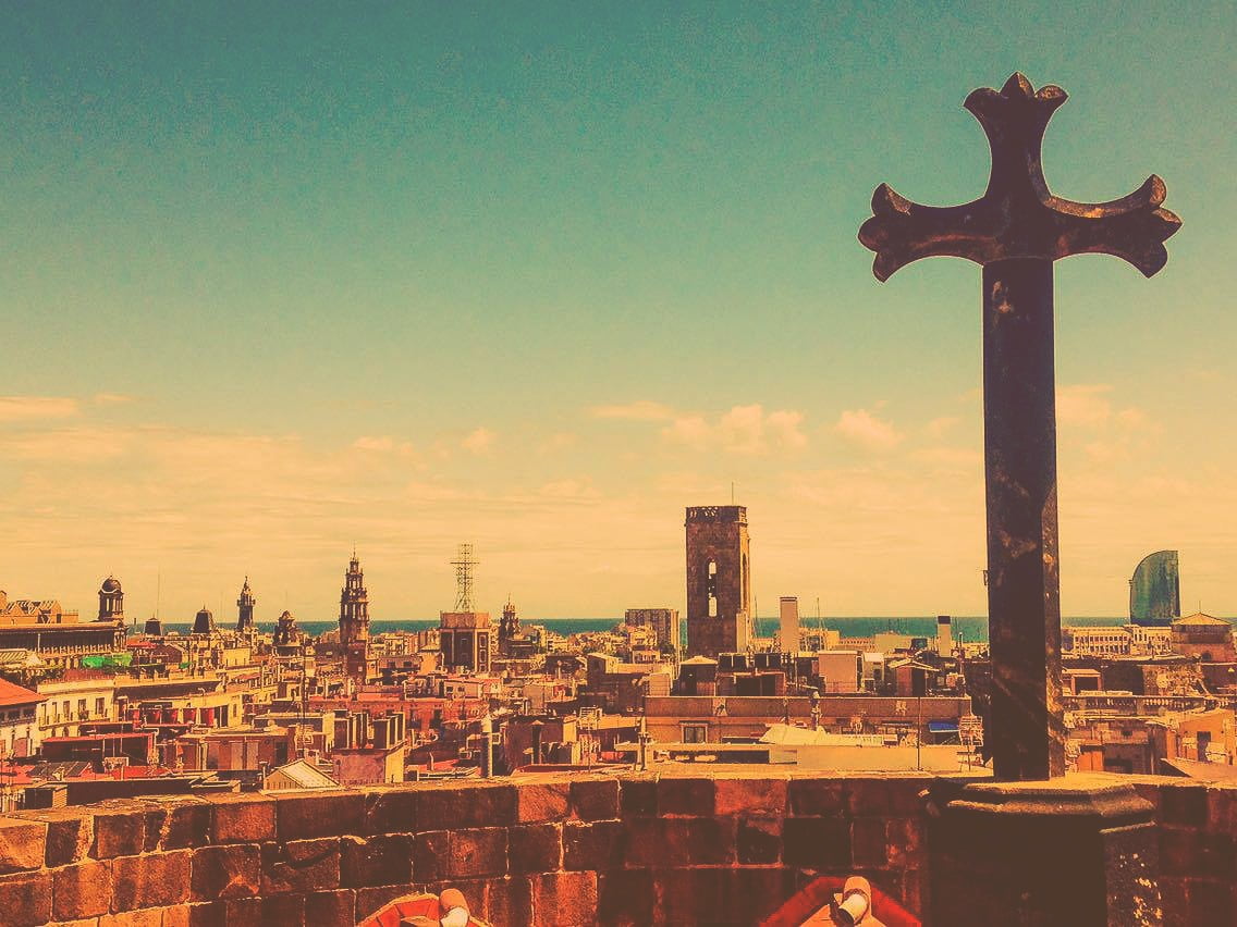 vintage, day, nature, photo, belief, top, place of worship, Barcelona, 480P, city, rooftop, sky, spirituality, time, cloud - sky, outdoors, building, religion, HD Wallpaper