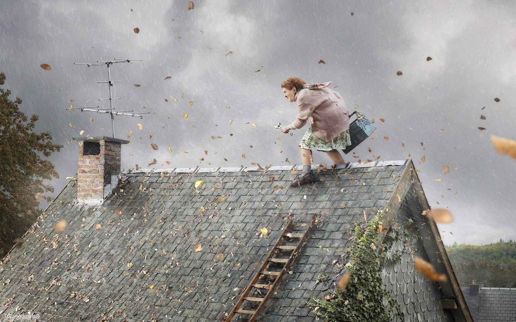 rain, 720P, humor, leisure activity, day, full length, storm, building, childhood, nature, ladders, building exterior, lifestyles, staircase, men, built structure, HD Wallpaper