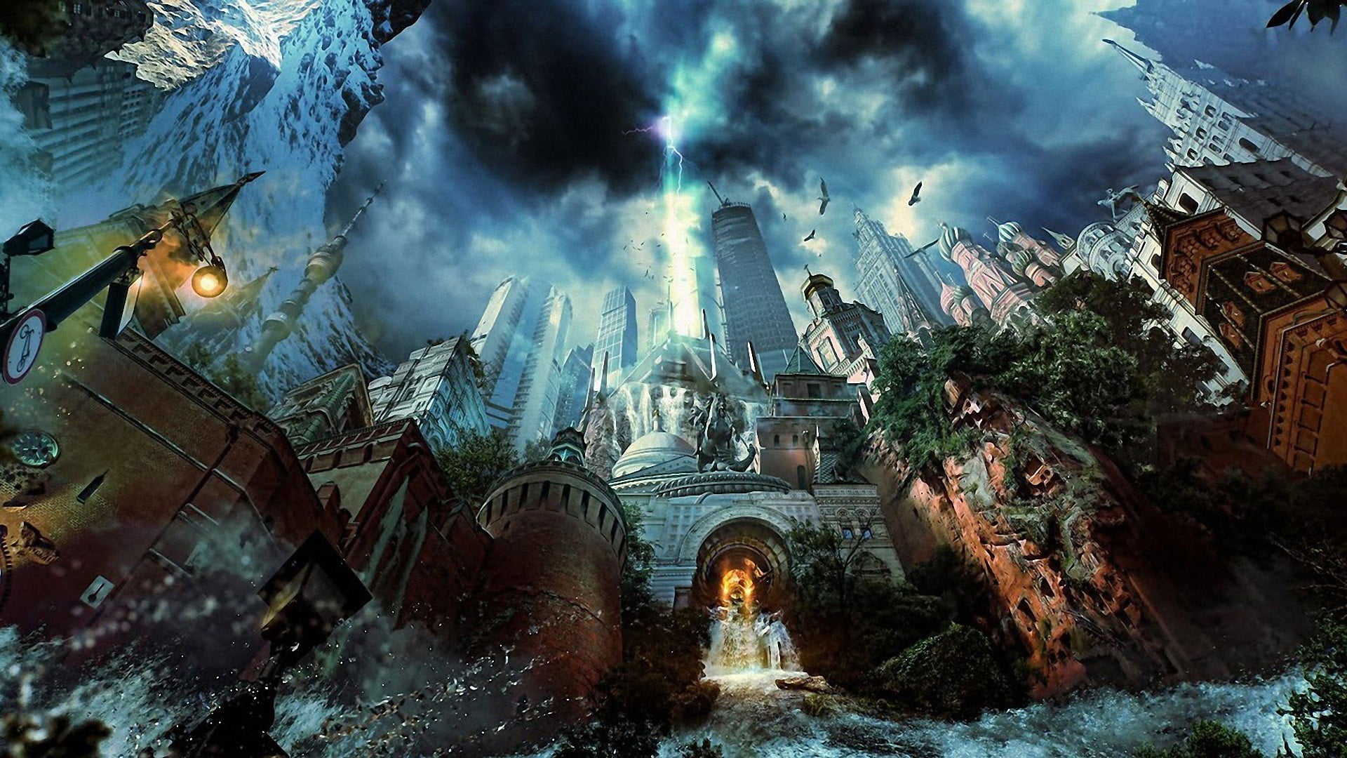 low angle view, fantasy art, travel destinations, spirituality, belief, place of worship, illustration, city, building, artwork, building exterior, sky, HD Wallpaper