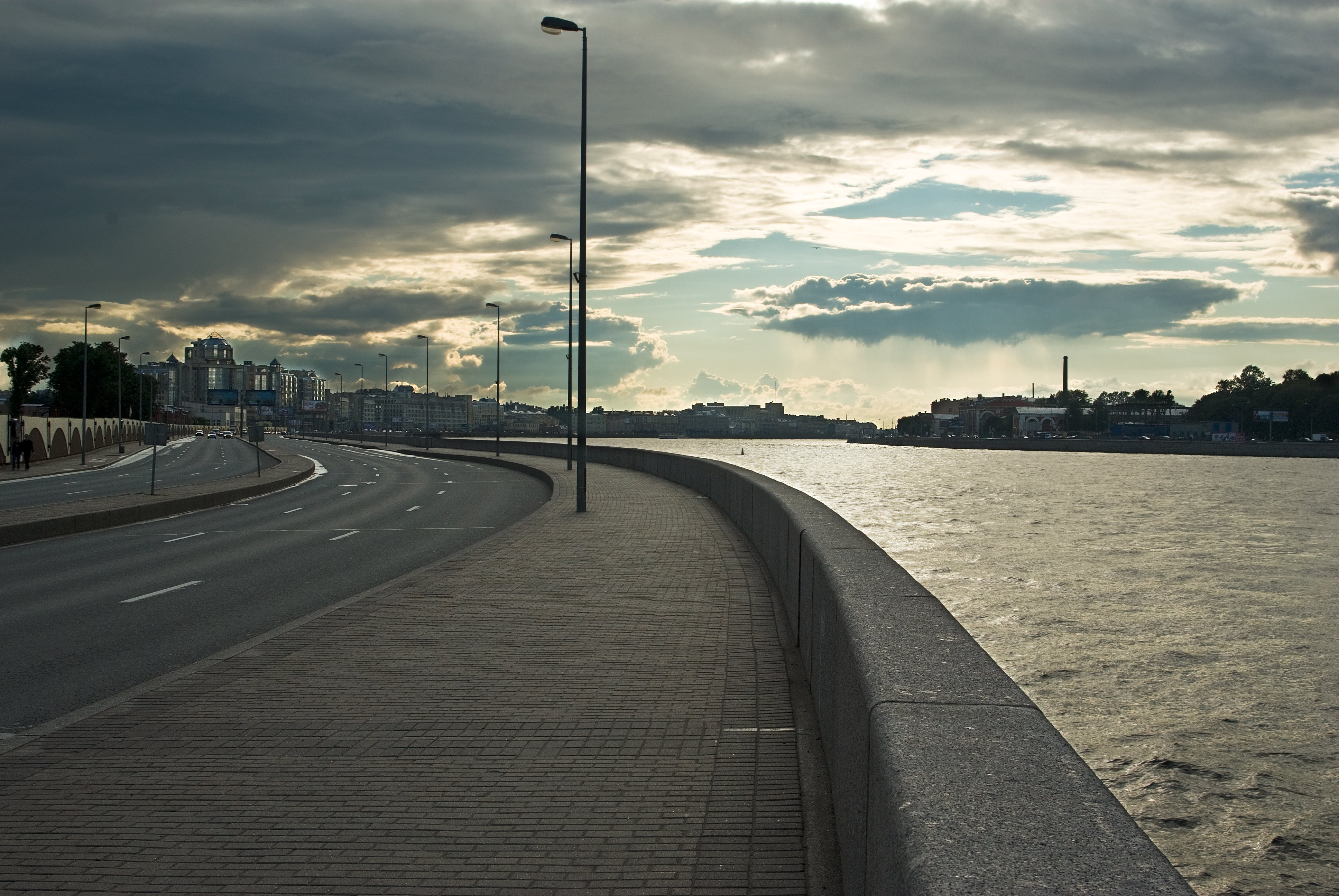 dusk, night, embankment, bridge, built Structure, famous Place, cloud - Sky, traffic, city Life, lamp, outdoors, water, black, nature, diminishing perspective, HD Wallpaper