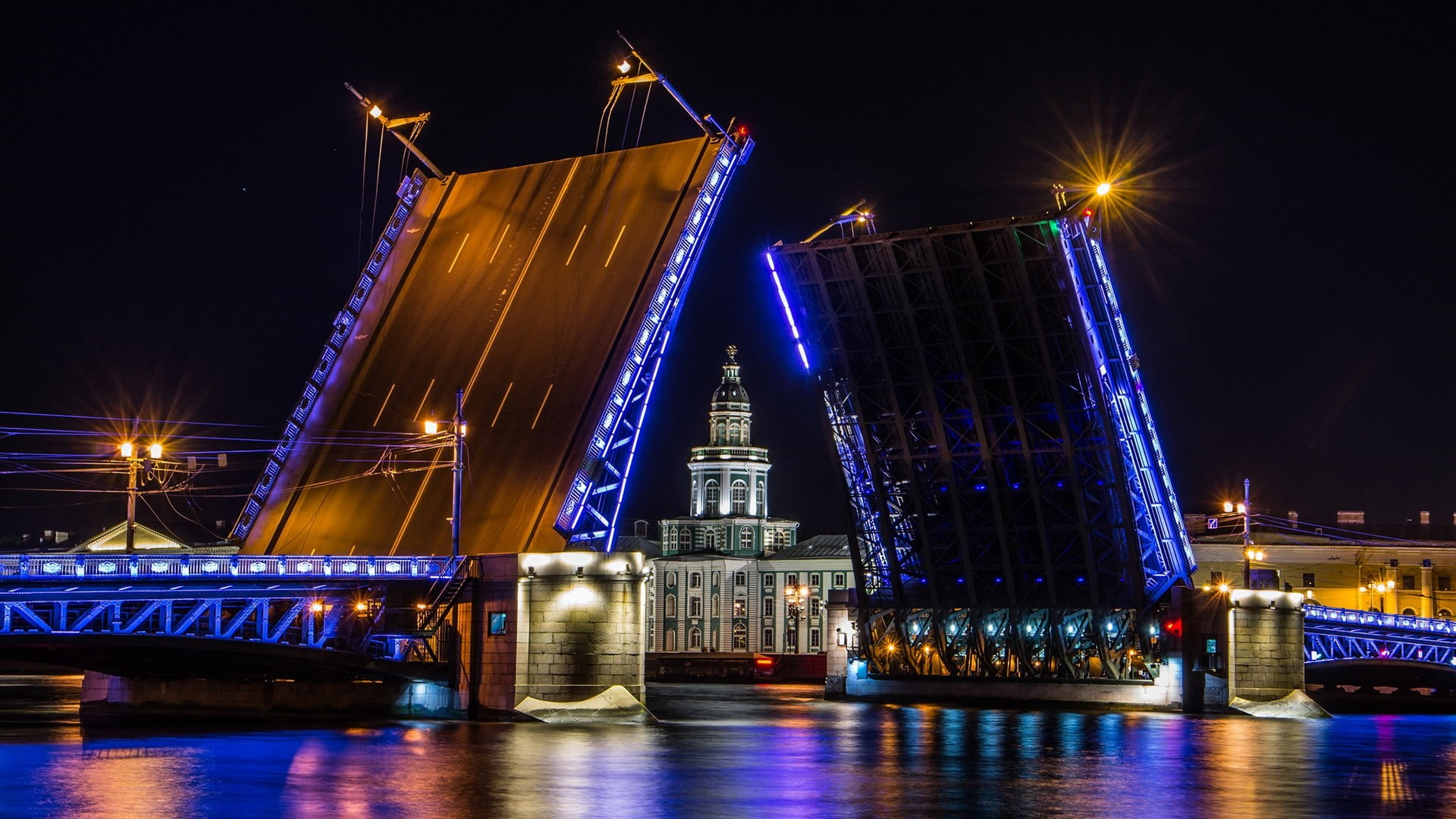 travel destinations, palace bridge, office building exterior, st. petersburg, built structure, lighting equipment, river, landmark, city, light, no people, HD Wallpaper